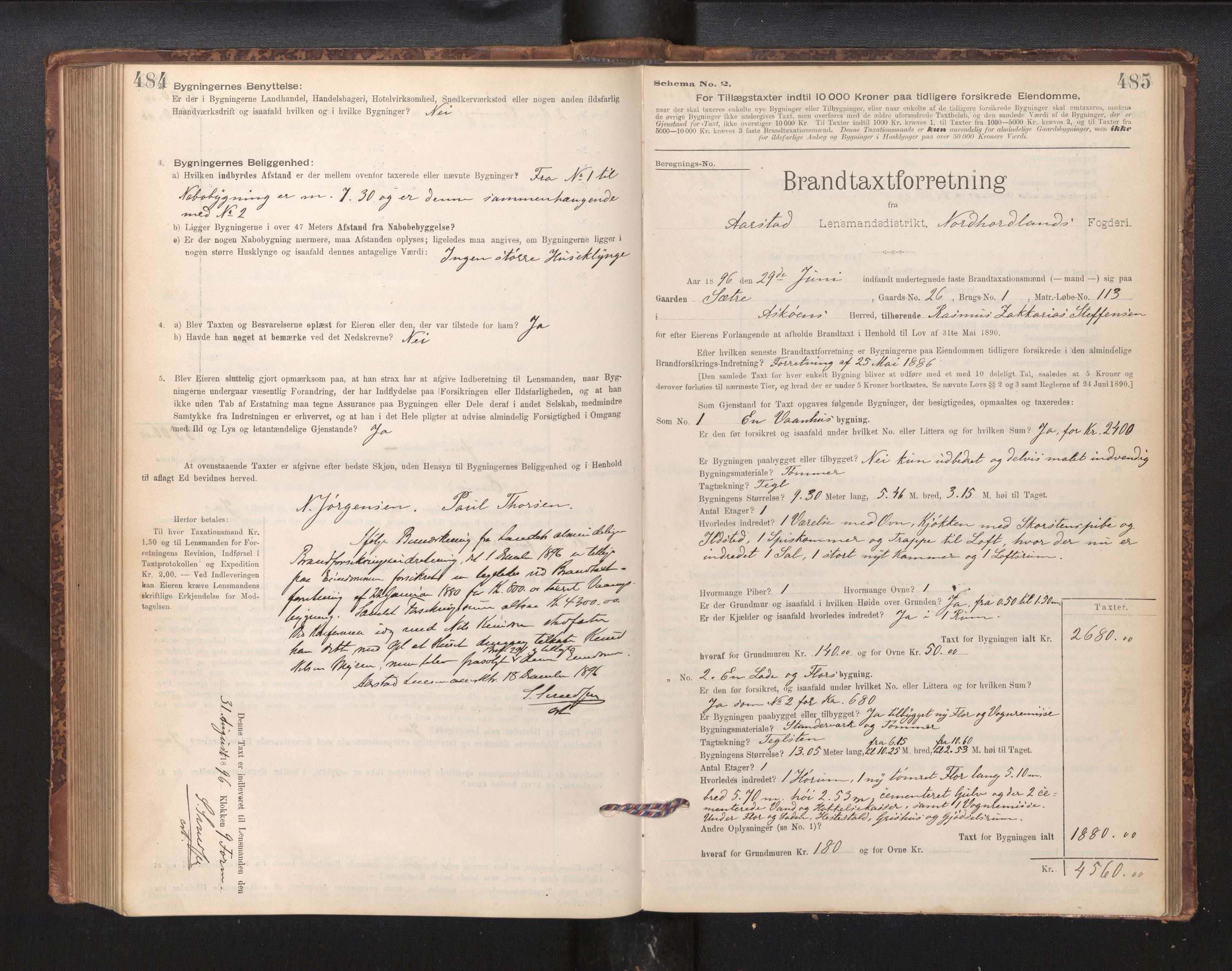 Lensmannen i Årstad, AV/SAB-A-36201/0012/L0011: Branntakstprotokoll,skjematakst, 1895-1901, p. 484-485