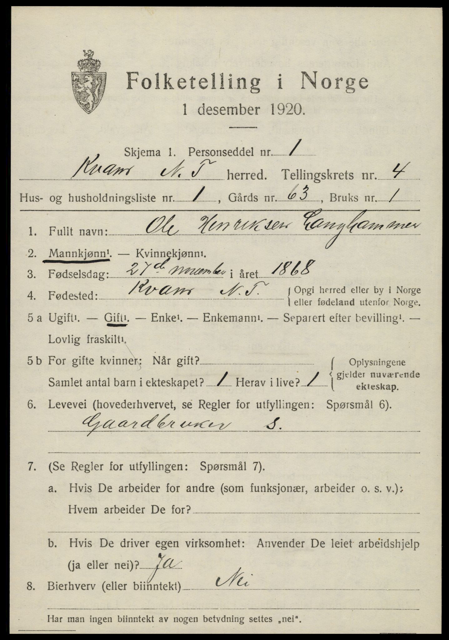 SAT, 1920 census for Kvam, 1920, p. 1089