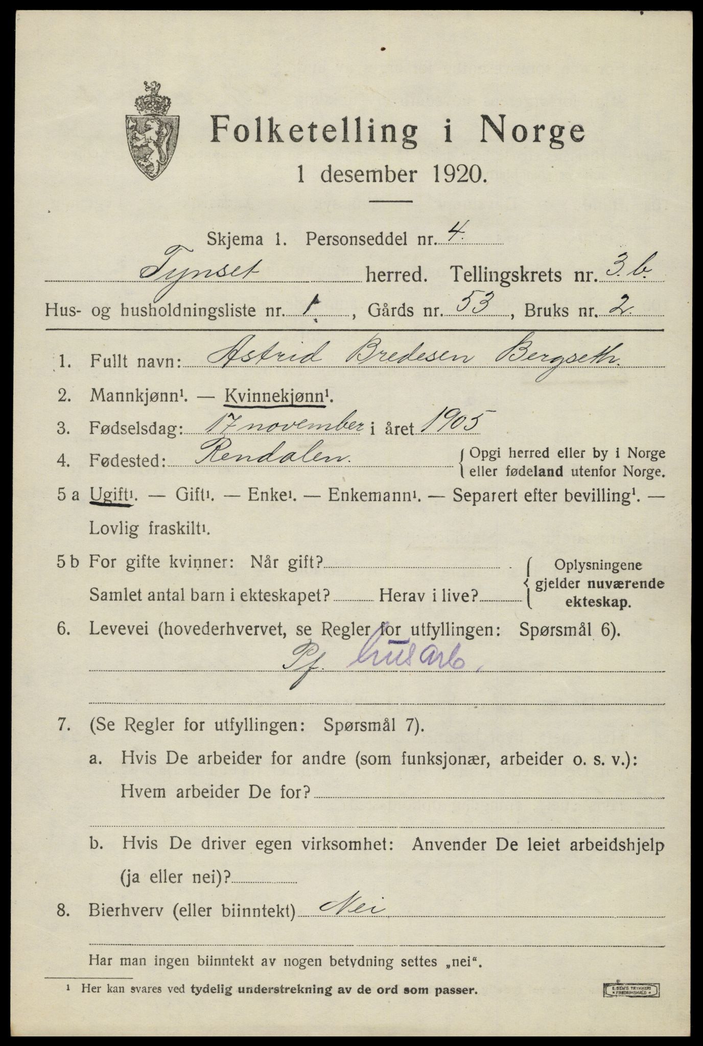 SAH, 1920 census for Tynset, 1920, p. 3144