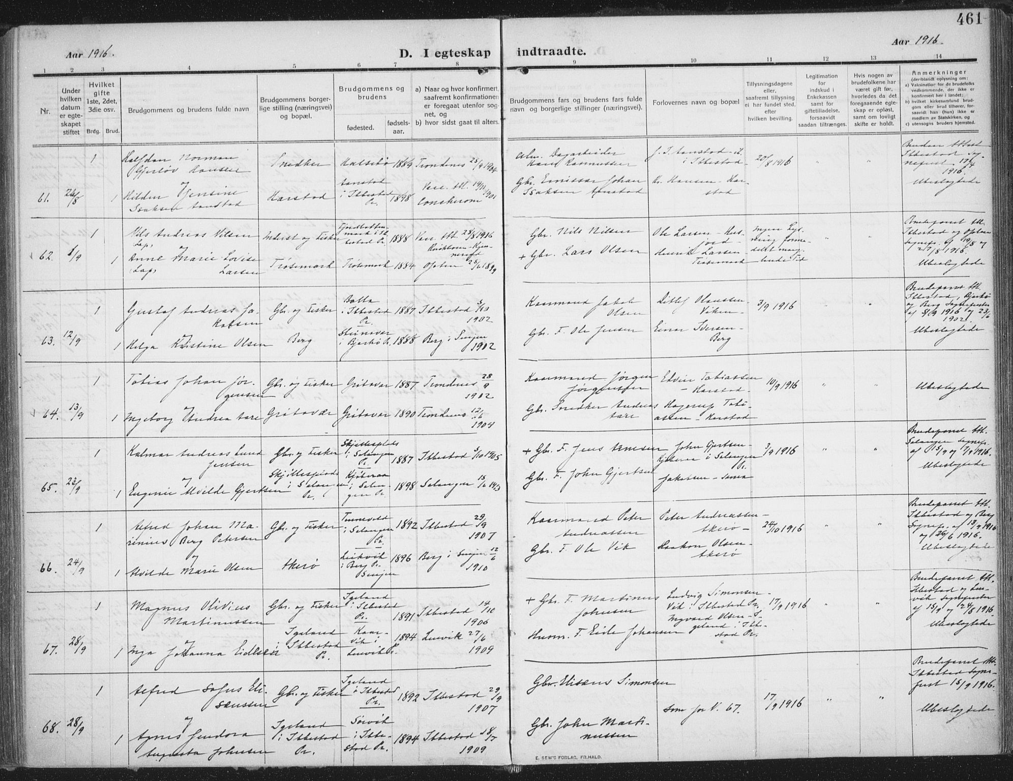 Trondenes sokneprestkontor, SATØ/S-1319/H/Ha/L0018kirke: Parish register (official) no. 18, 1909-1918, p. 461