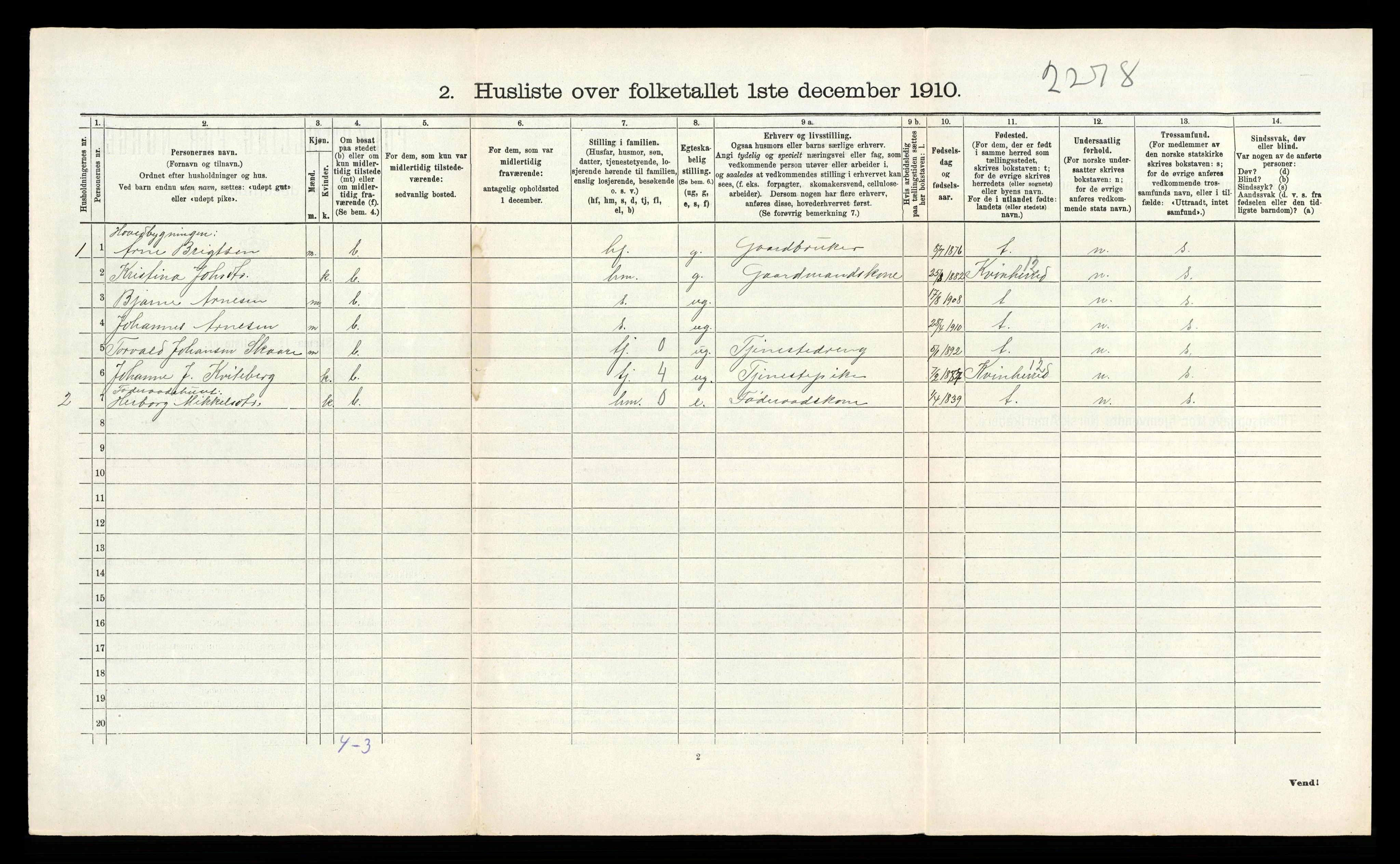 RA, 1910 census for Kvam, 1910, p. 878