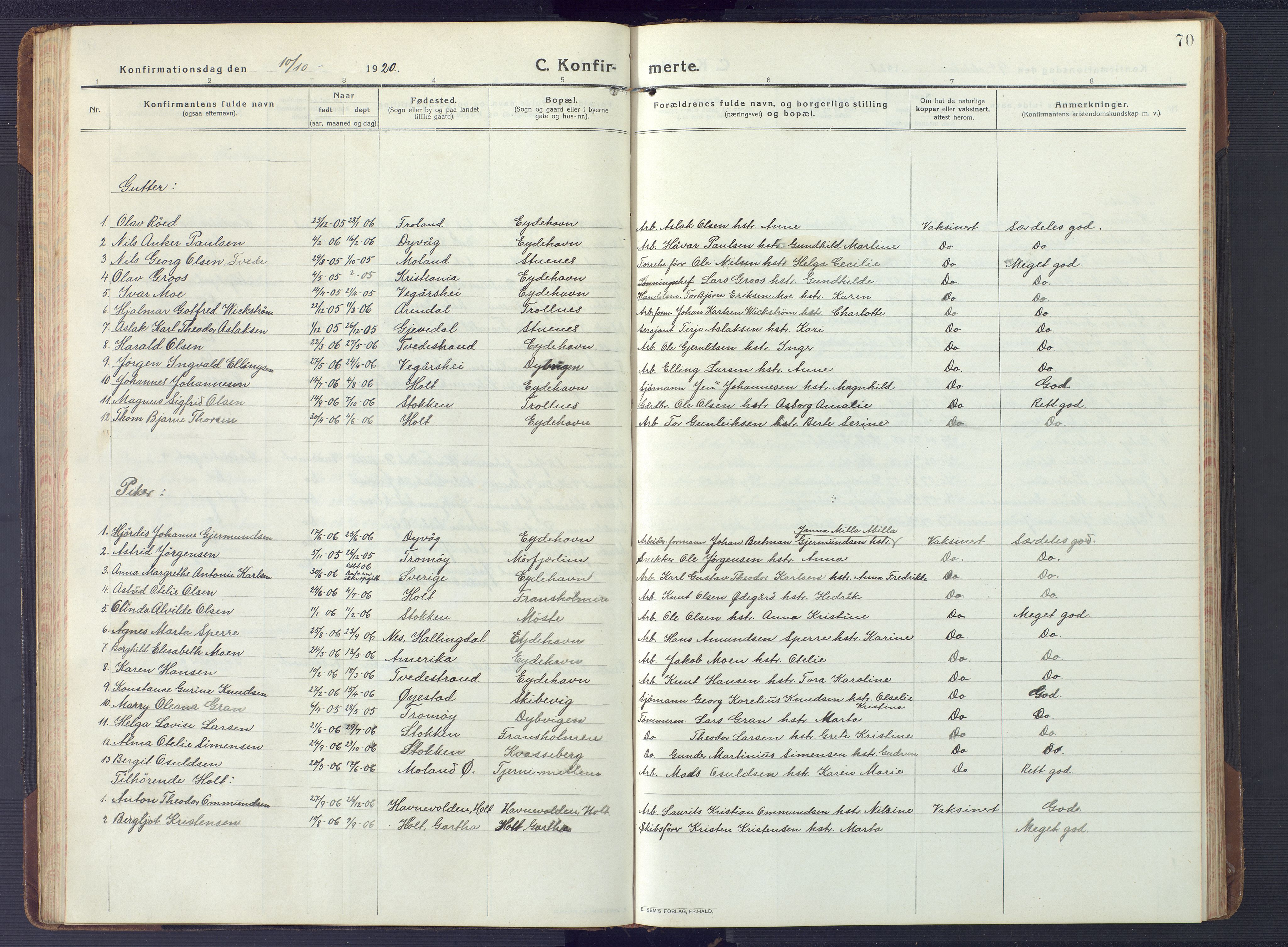 Austre Moland sokneprestkontor, AV/SAK-1111-0001/F/Fb/Fbb/L0004: Parish register (copy) no. B 4, 1914-1929, p. 70