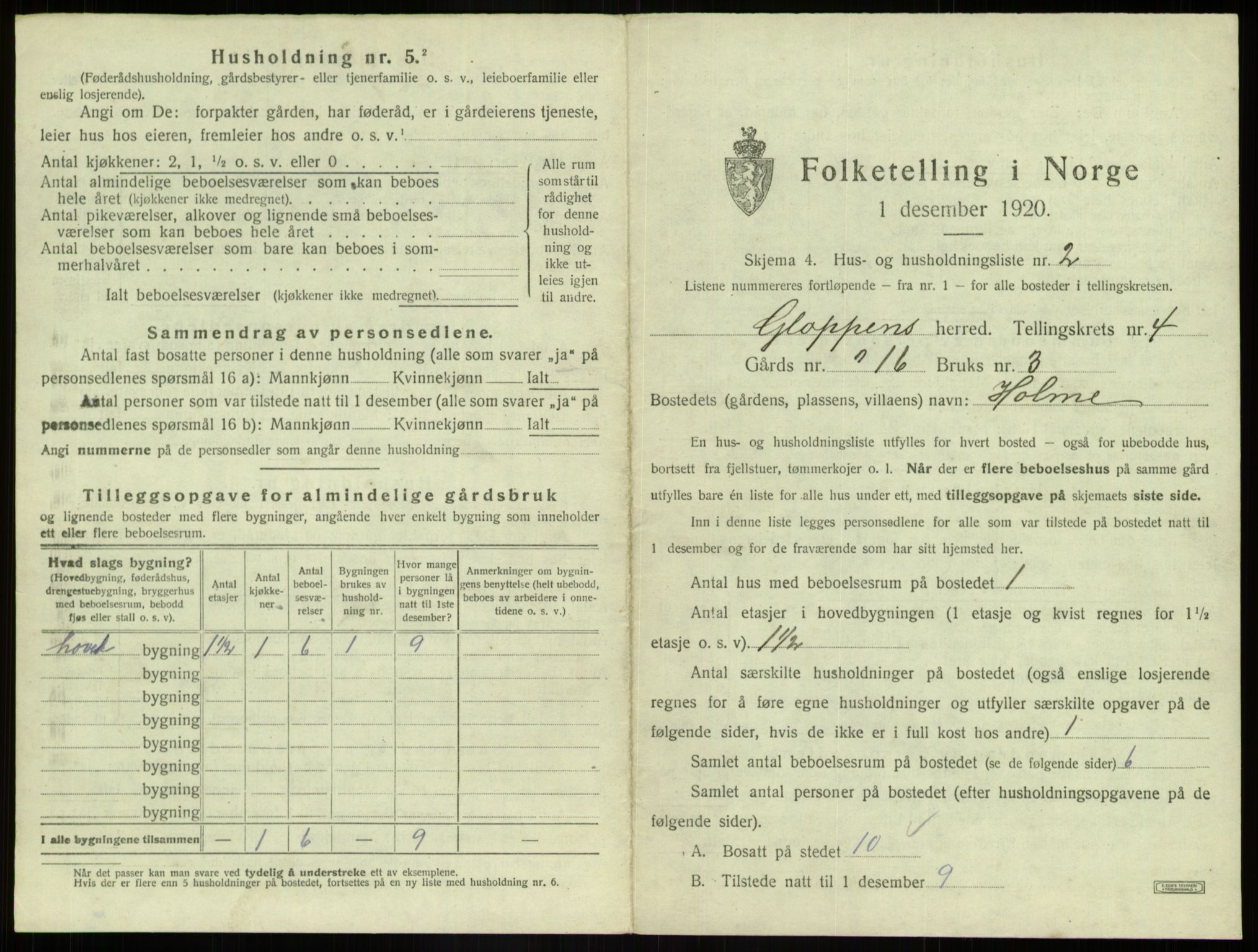 SAB, 1920 census for Gloppen, 1920, p. 320