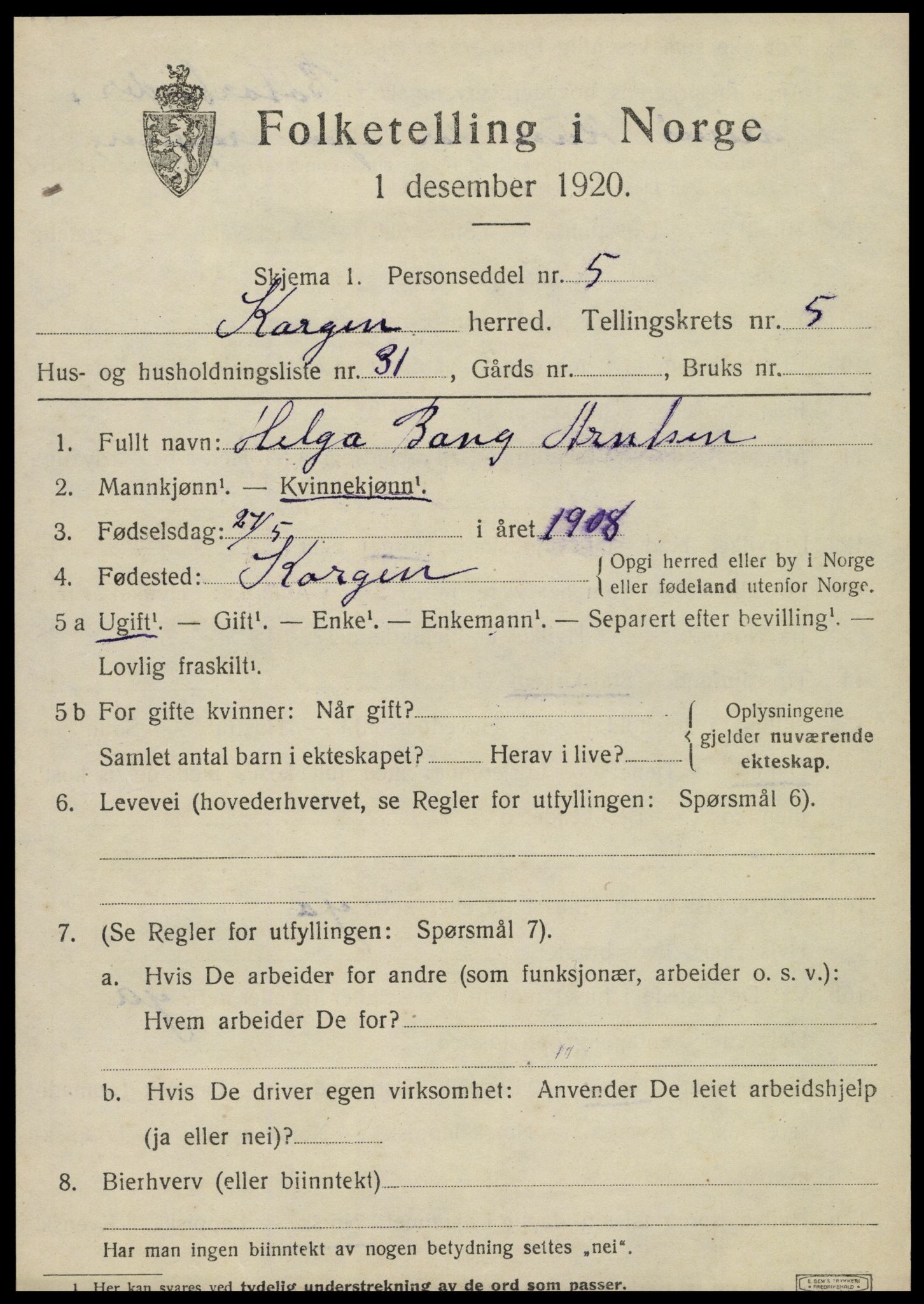 SAT, 1920 census for Korgen, 1920, p. 2396