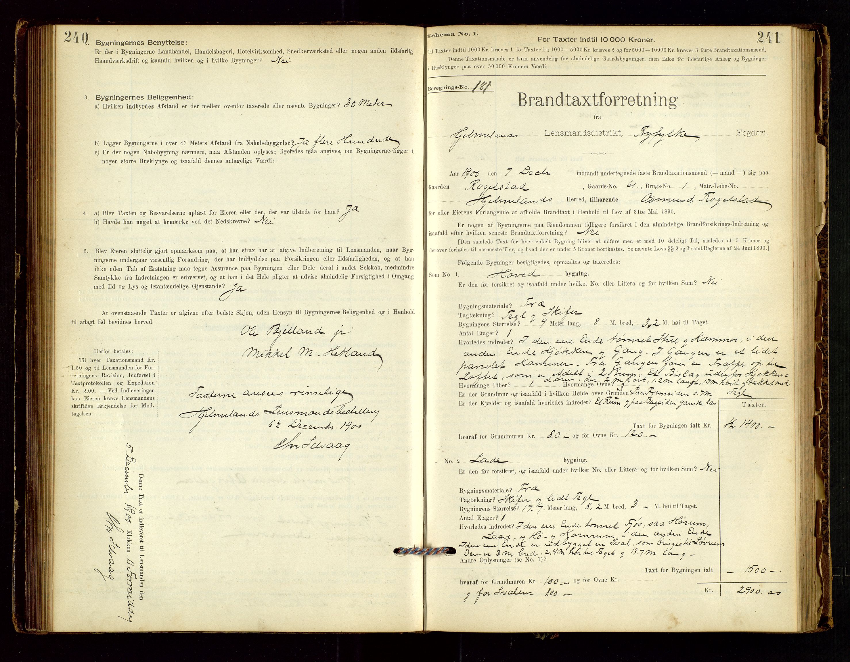 Hjelmeland lensmannskontor, AV/SAST-A-100439/Gob/L0001: "Brandtaxationsprotokol", 1895-1932, p. 240-241