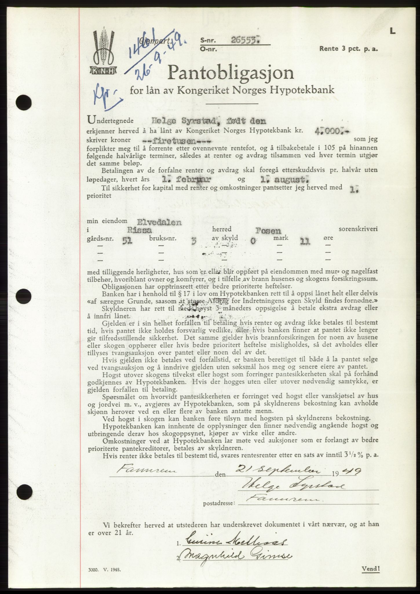 Fosen sorenskriveri, AV/SAT-A-1107/1/2/2C: Mortgage book no. B, 1948-1950, Diary no: : 1461/1949