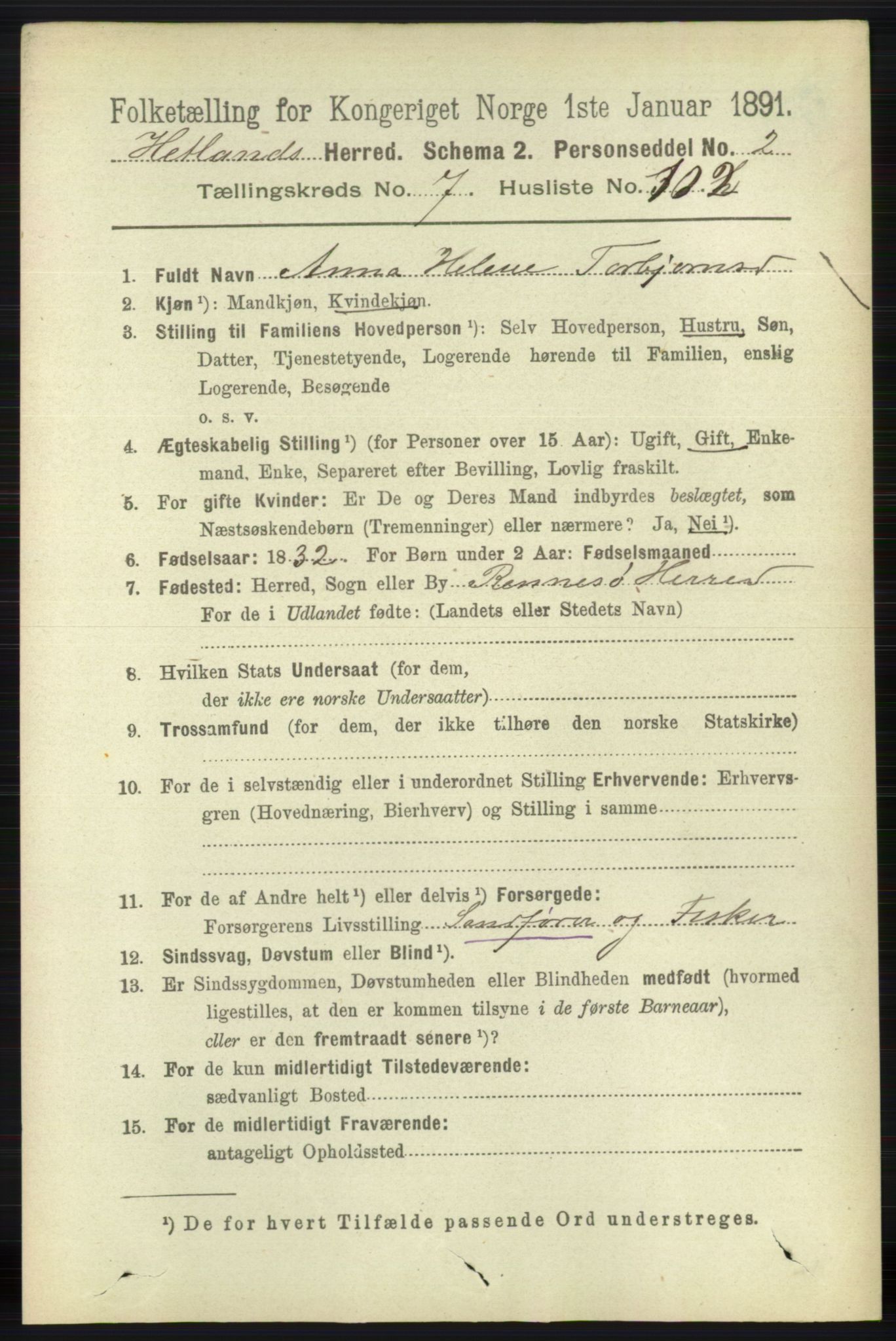 RA, 1891 census for 1126 Hetland, 1891, p. 4337