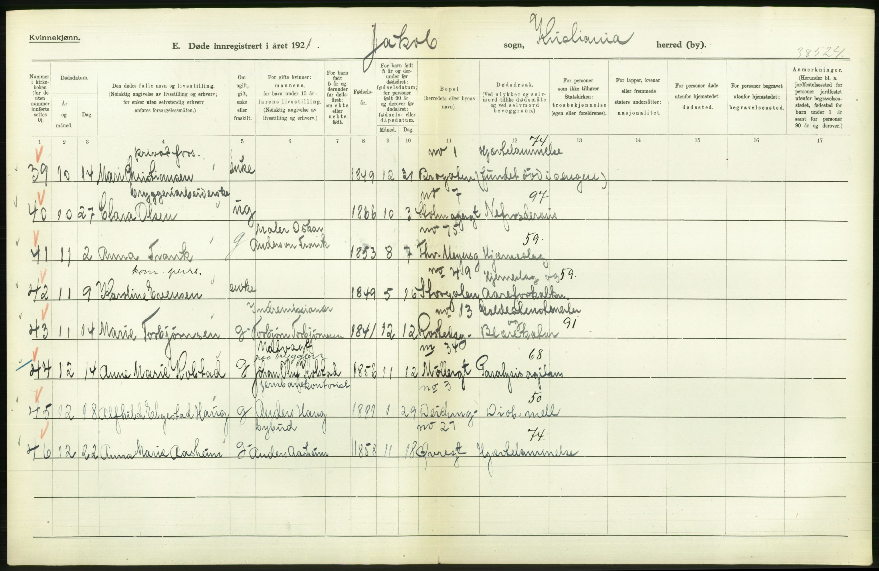 Statistisk sentralbyrå, Sosiodemografiske emner, Befolkning, AV/RA-S-2228/D/Df/Dfc/Dfca/L0012: Kristiania: Døde, 1921, p. 466