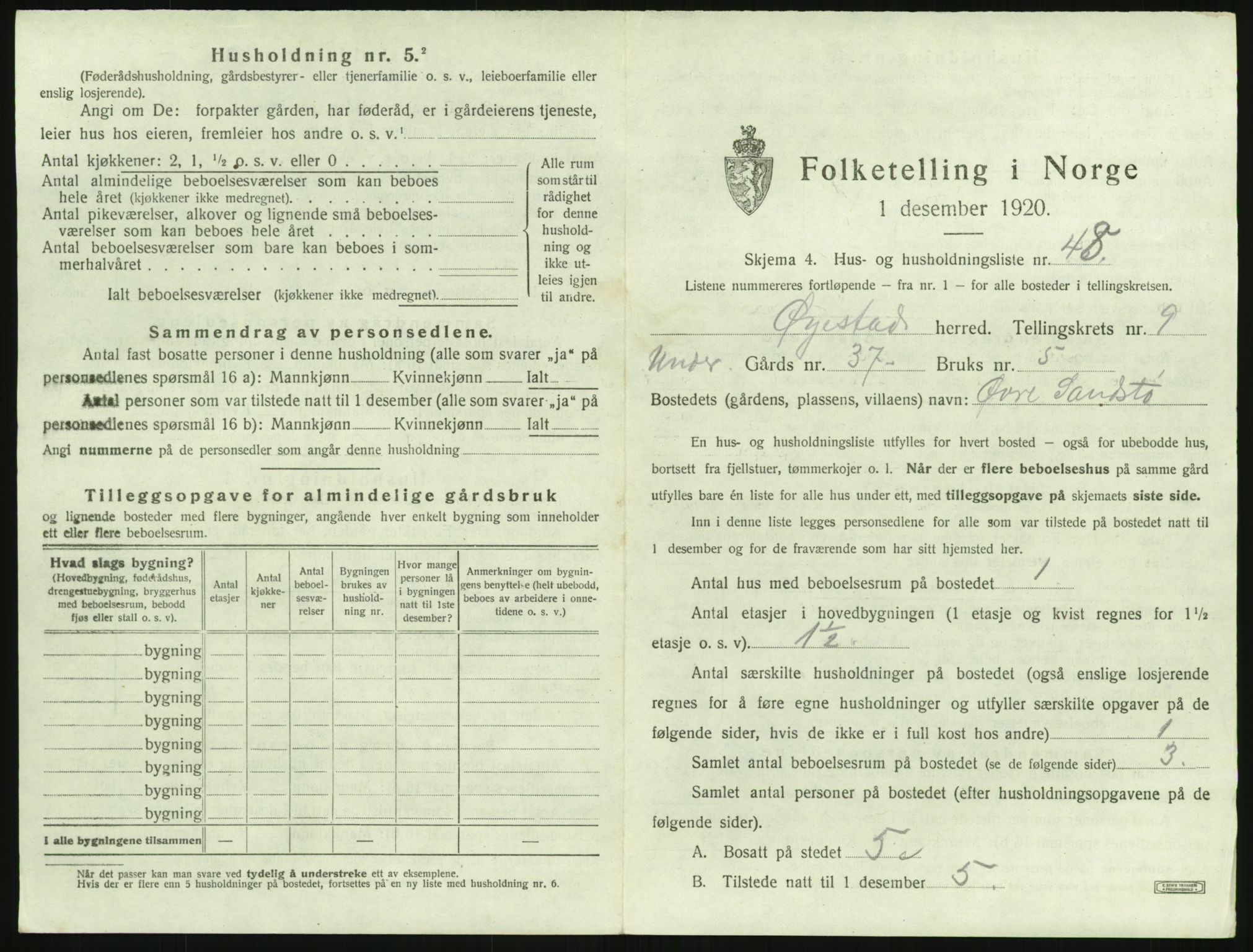 SAK, 1920 census for Øyestad, 1920, p. 978