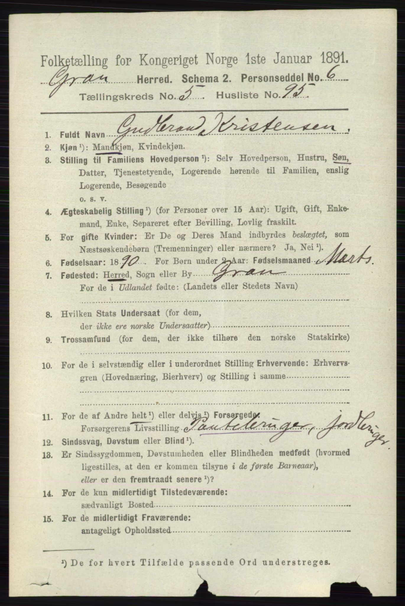 RA, 1891 census for 0534 Gran, 1891, p. 2149