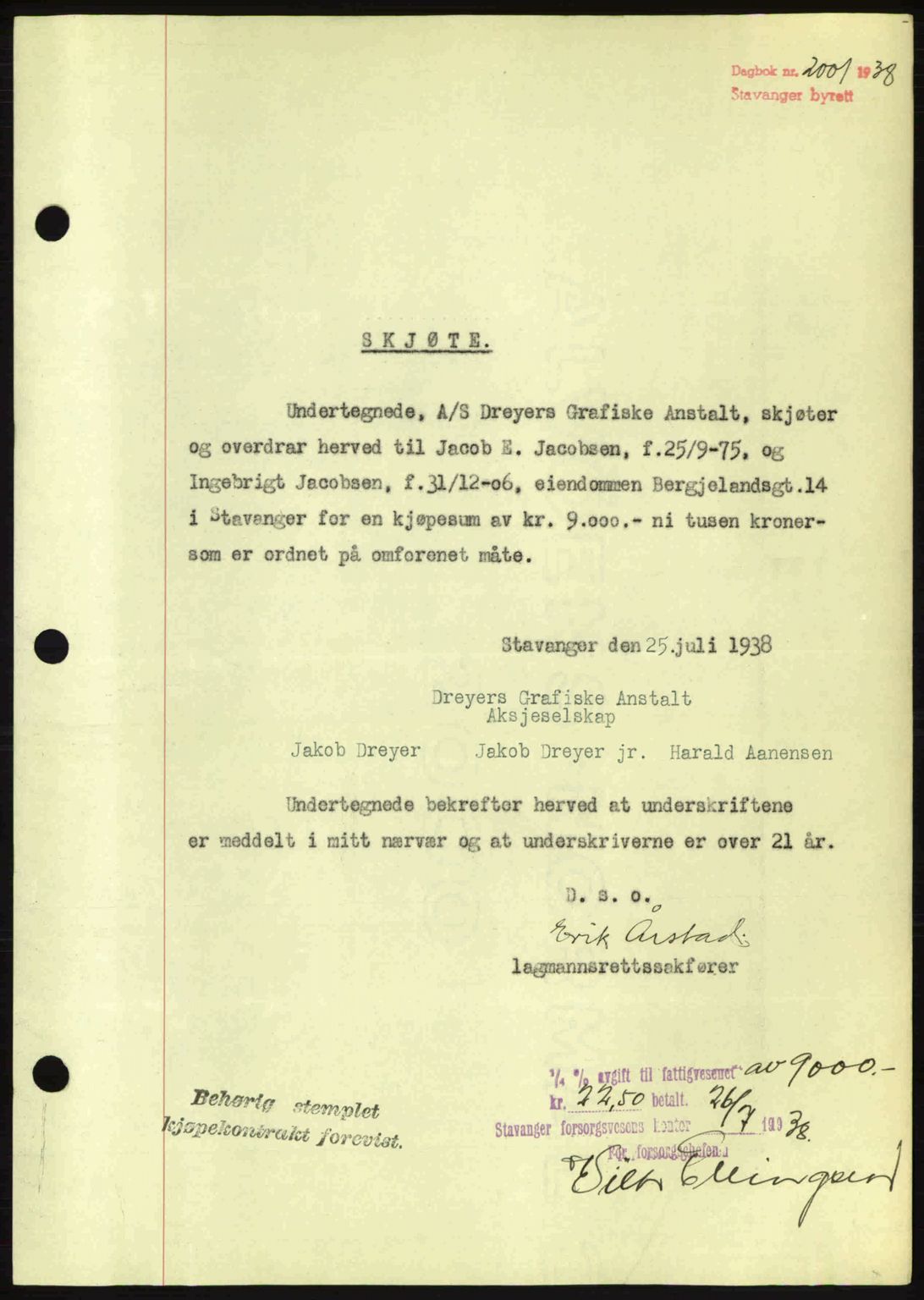 Stavanger byrett, SAST/A-100455/002/G/Gb/L0013: Mortgage book no. A3, 1937-1938, Diary no: : 2001/1938