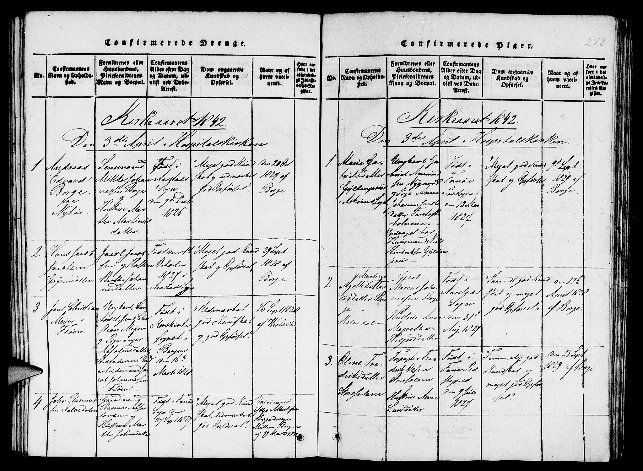 St. Jørgens hospital og Årstad sokneprestembete, AV/SAB-A-99934: Parish register (copy) no. A 1, 1816-1843, p. 278