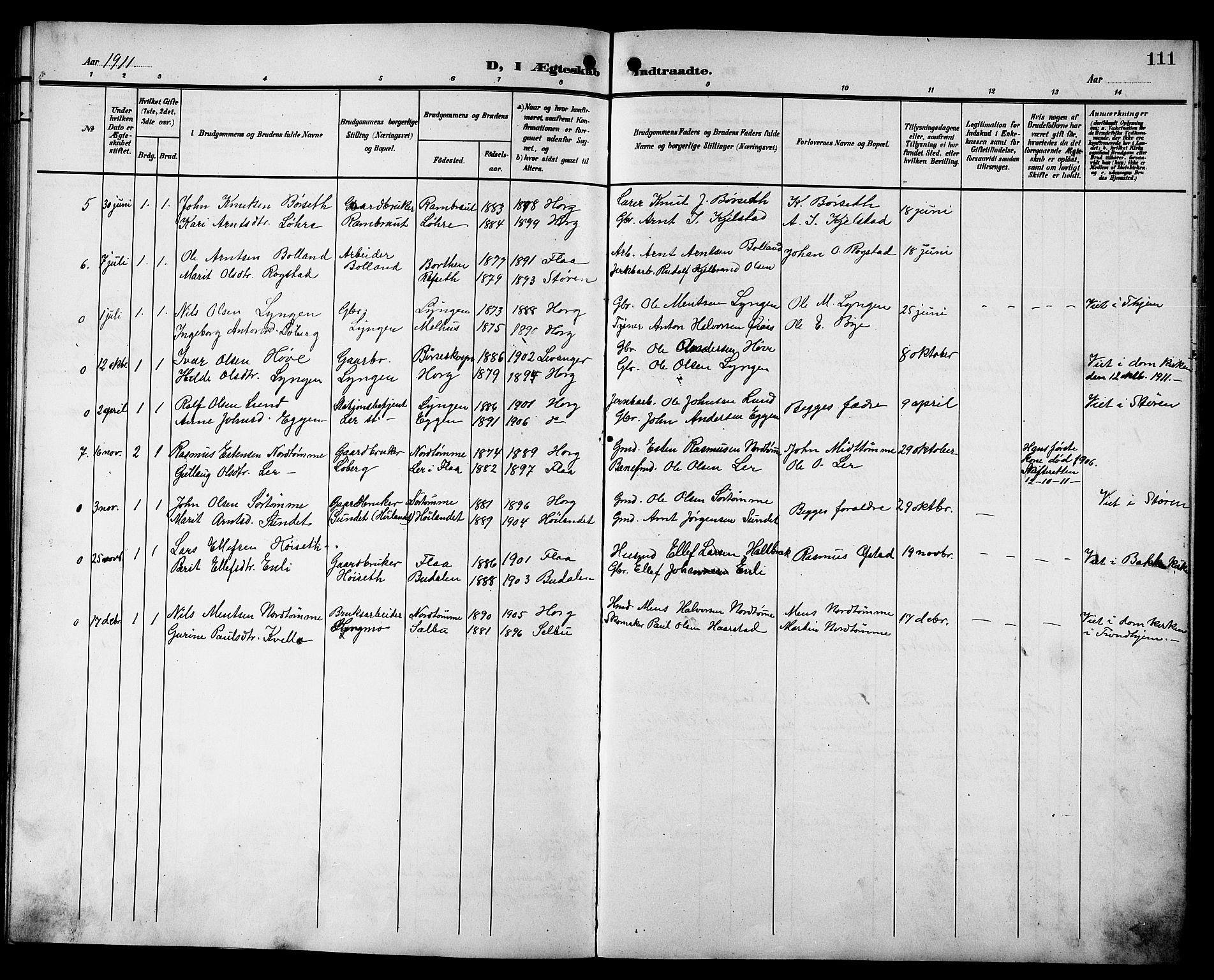 Ministerialprotokoller, klokkerbøker og fødselsregistre - Sør-Trøndelag, SAT/A-1456/692/L1112: Parish register (copy) no. 692C07, 1904-1918, p. 111