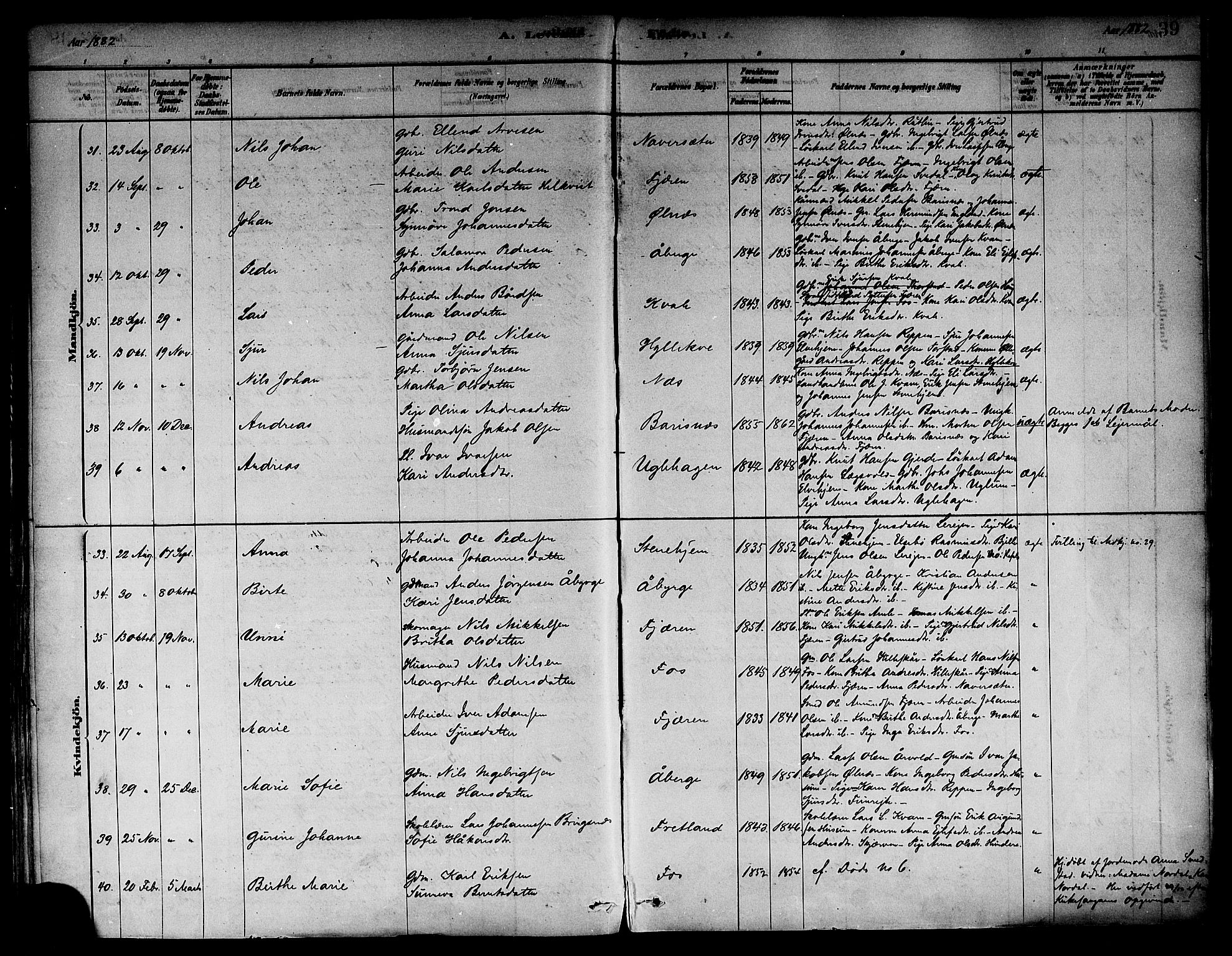 Sogndal sokneprestembete, AV/SAB-A-81301/H/Haa/Haab/L0001: Parish register (official) no. B 1, 1878-1899, p. 39