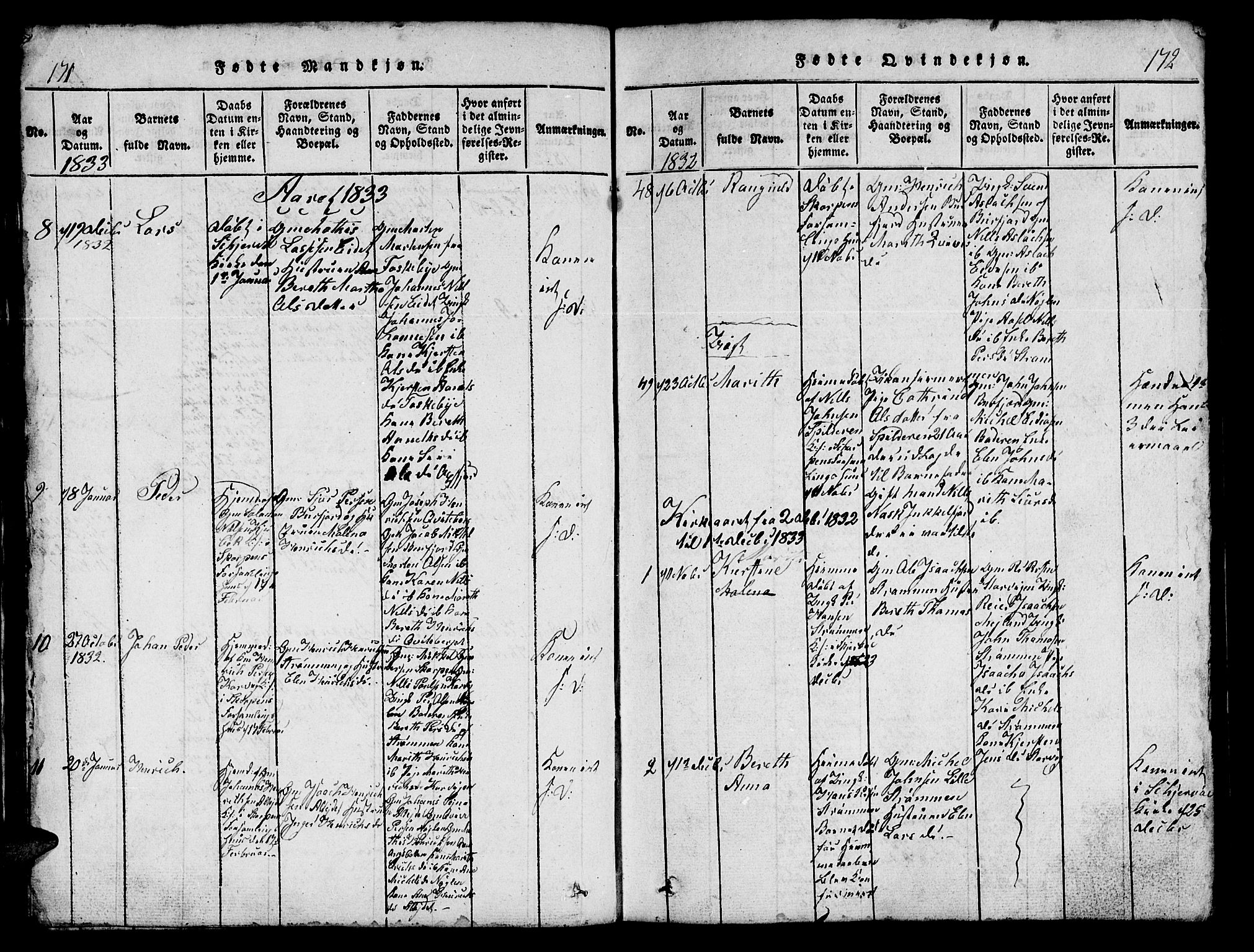 Skjervøy sokneprestkontor, AV/SATØ-S-1300/H/Ha/Hab/L0001klokker: Parish register (copy) no. 1, 1825-1838, p. 171-172