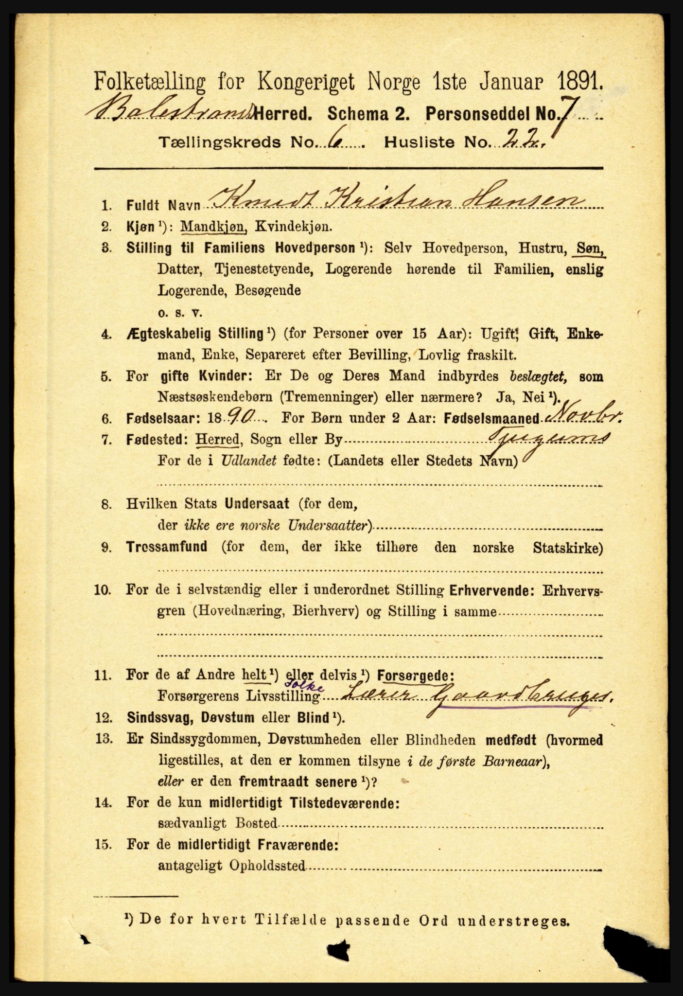 RA, 1891 census for 1418 Balestrand, 1891, p. 1476