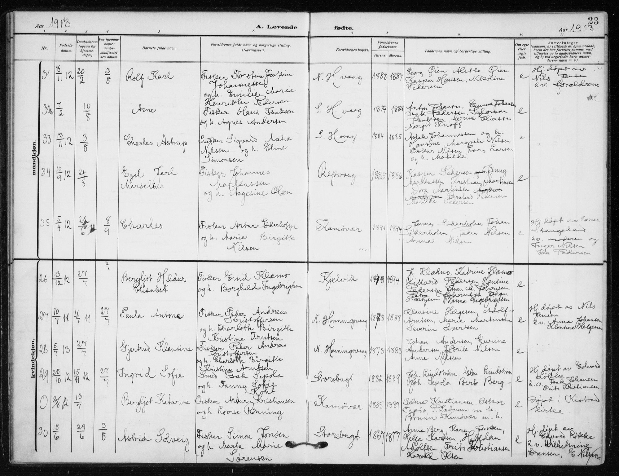 Kjelvik/Nordkapp sokneprestkontor, AV/SATØ-S-1350/H/Ha/L0001kirke: Parish register (official) no. 1, 1911-1919, p. 23