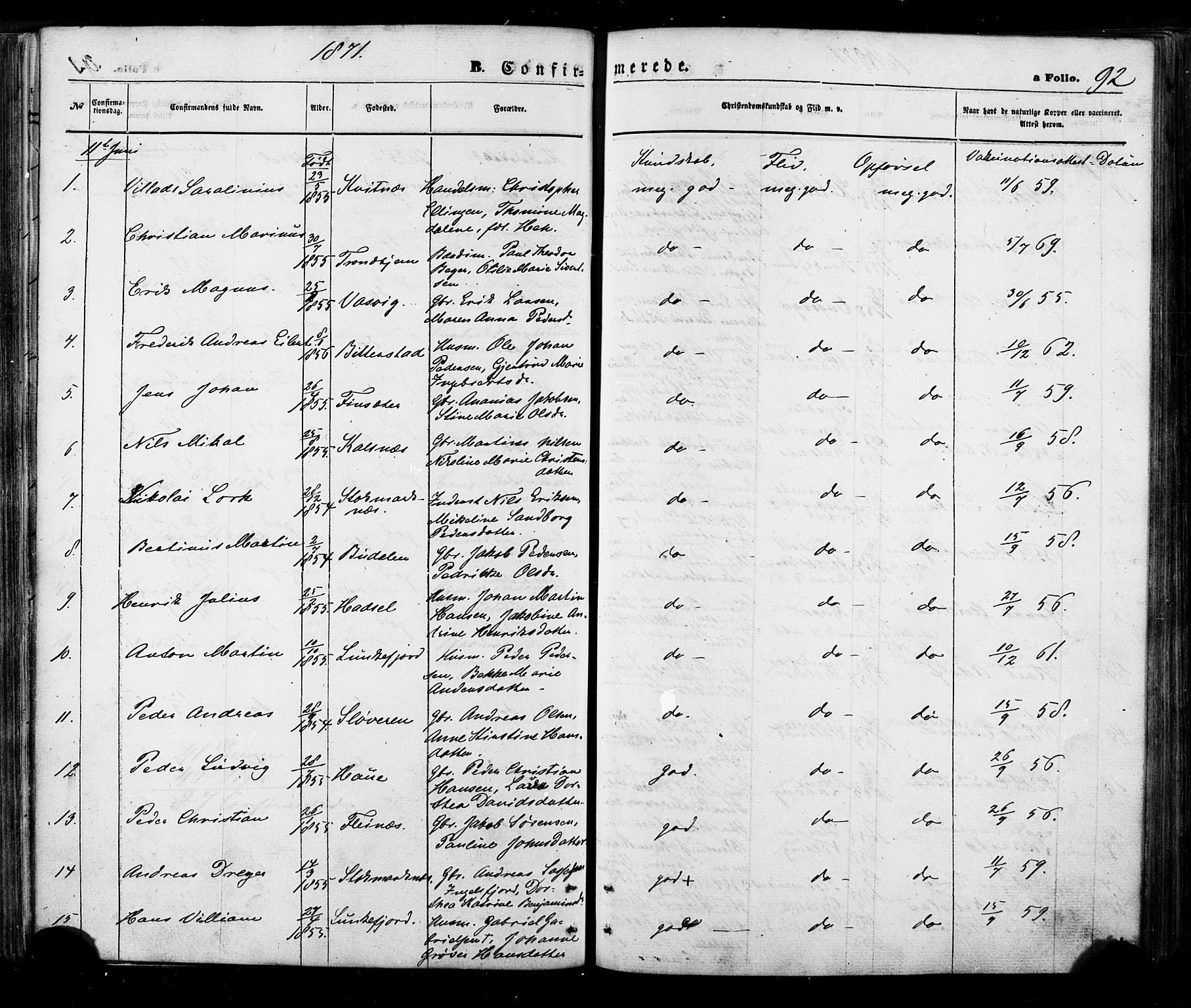 Ministerialprotokoller, klokkerbøker og fødselsregistre - Nordland, AV/SAT-A-1459/888/L1242: Parish register (official) no. 888A08, 1870-1875, p. 92