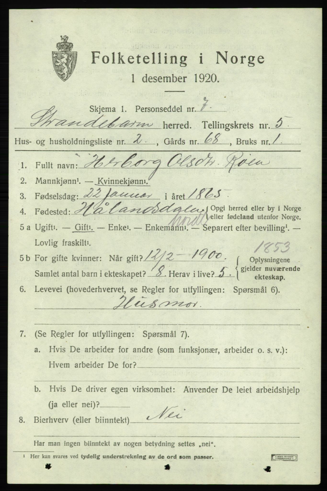 SAB, 1920 census for Strandebarm, 1920, p. 3780