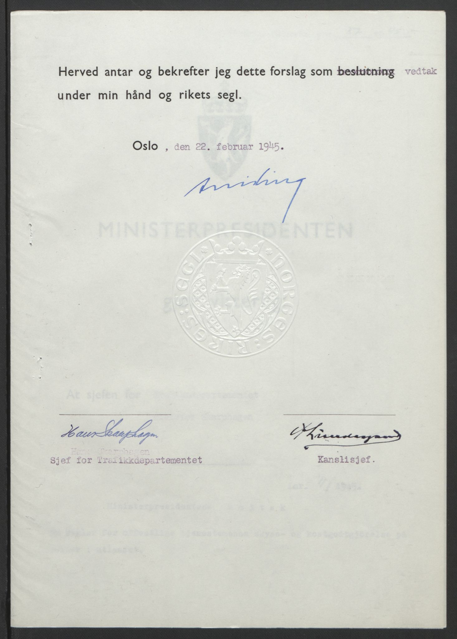 NS-administrasjonen 1940-1945 (Statsrådsekretariatet, de kommisariske statsråder mm), AV/RA-S-4279/D/Db/L0101/0001: -- / Lover og vedtak, 1945, p. 202