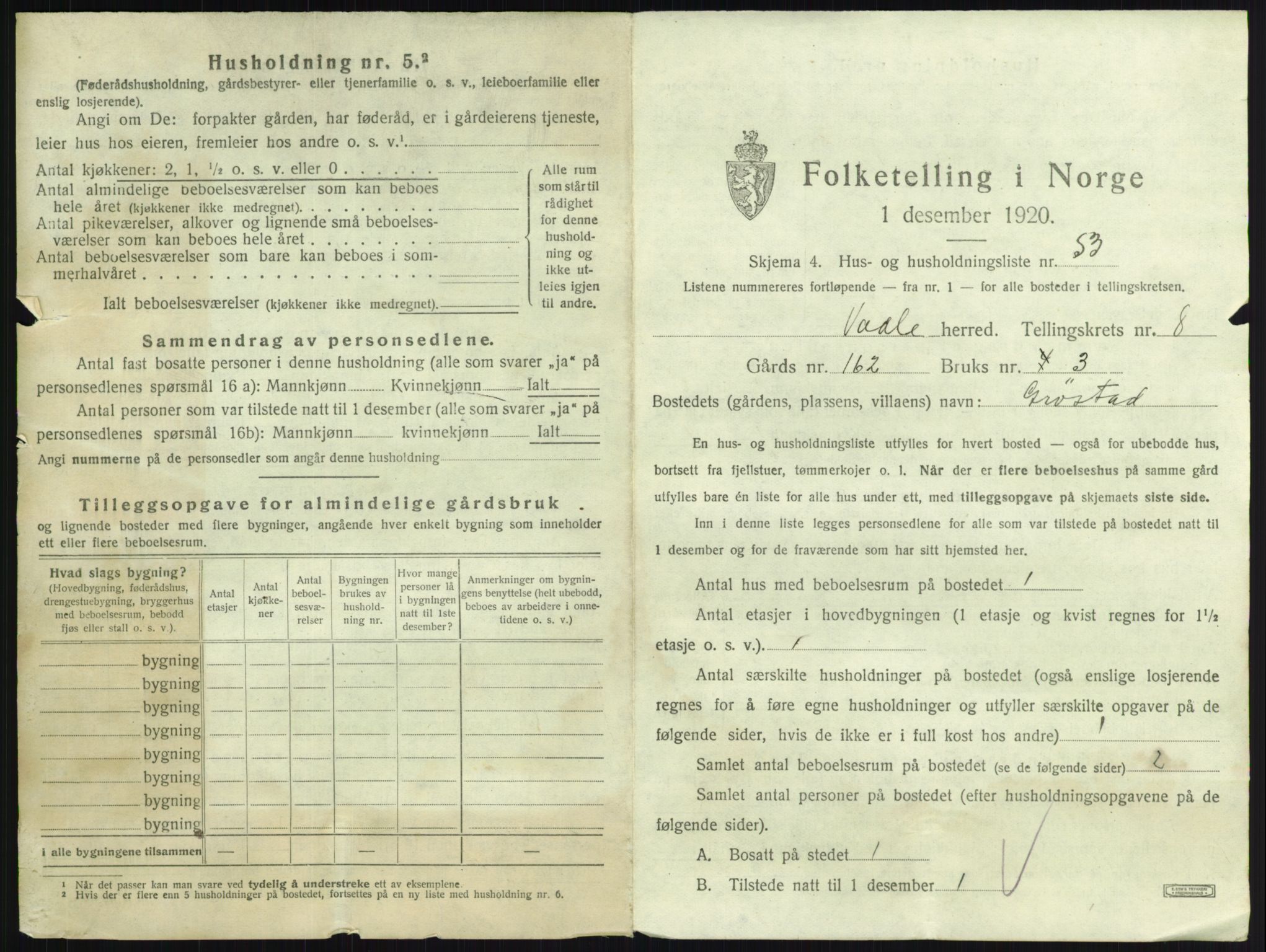 SAKO, 1920 census for Våle, 1920, p. 1078