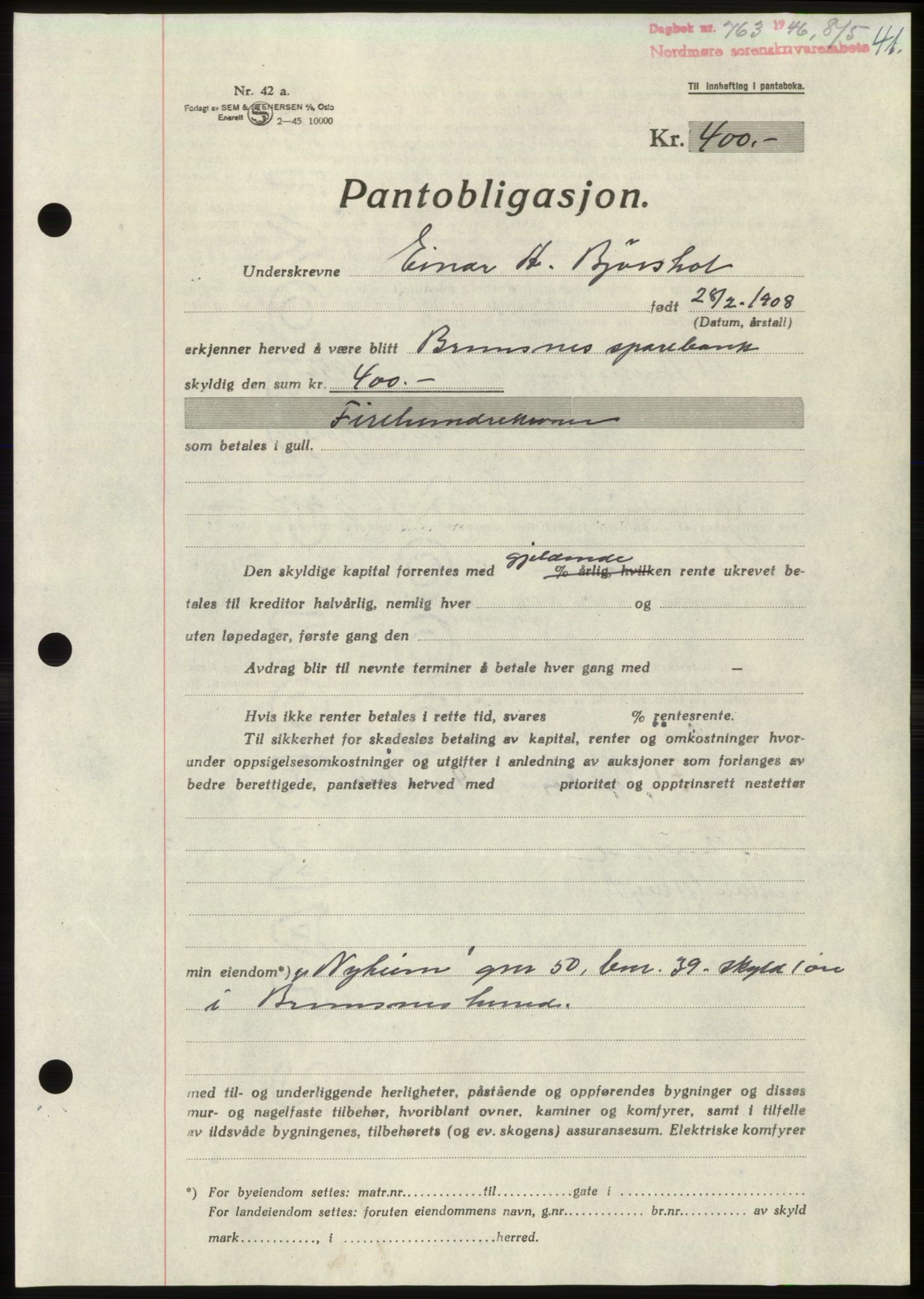 Nordmøre sorenskriveri, AV/SAT-A-4132/1/2/2Ca: Mortgage book no. B94, 1946-1946, Diary no: : 763/1946