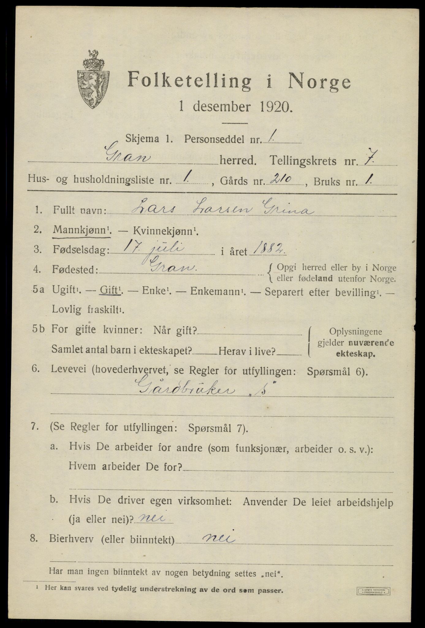 SAH, 1920 census for Gran, 1920, p. 9455