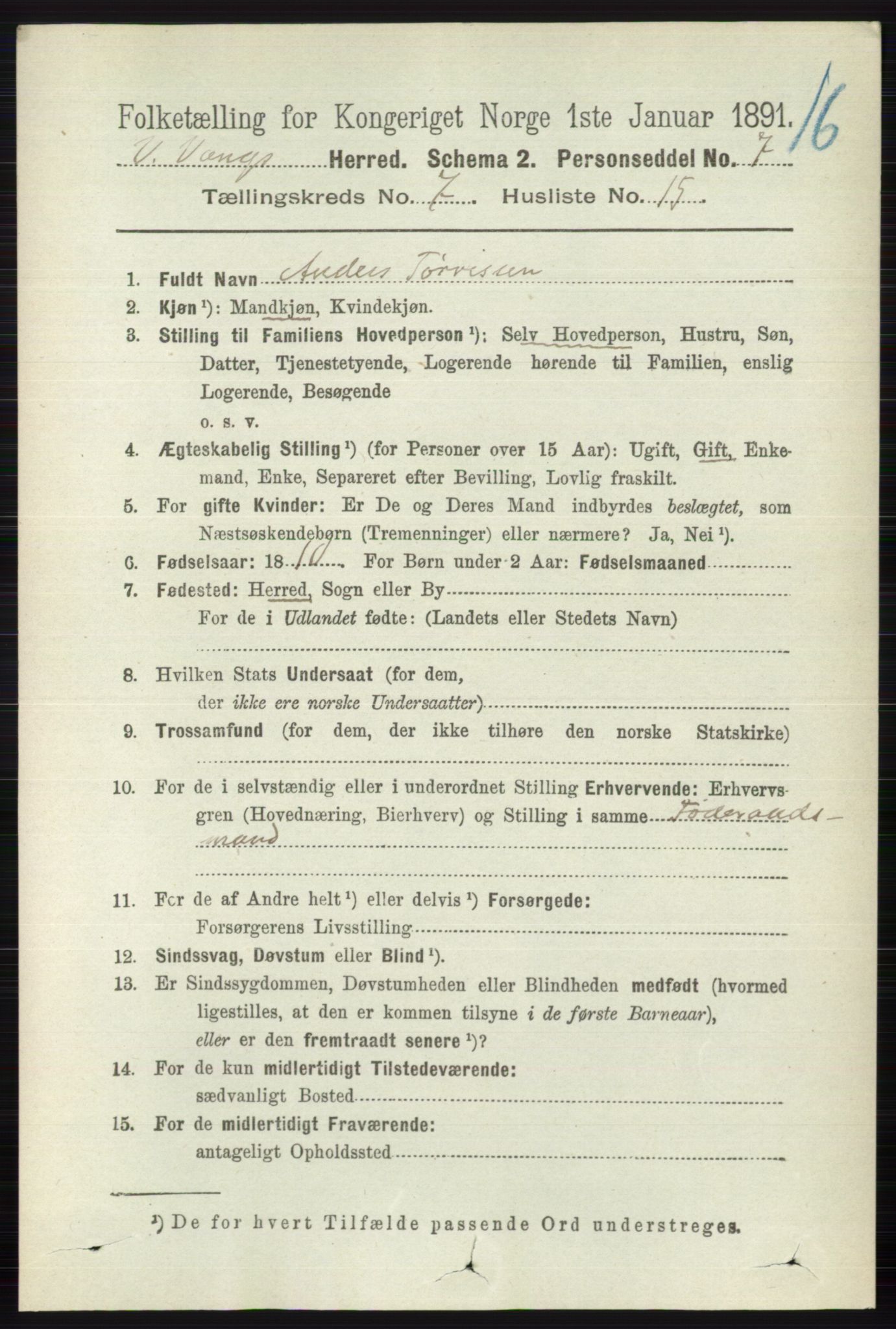 RA, 1891 census for 0545 Vang, 1891, p. 1517