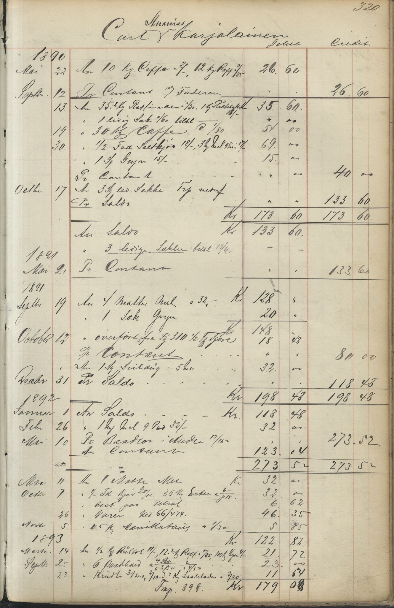 Brodtkorb handel A/S, VAMU/A-0001/F/Fc/L0001/0001: Konto for kvener og nordmenn på Kolahalvøya  / Conto for Kvæner og Nordmænd paa Russefinmarken No 1, 1868-1894, p. 320