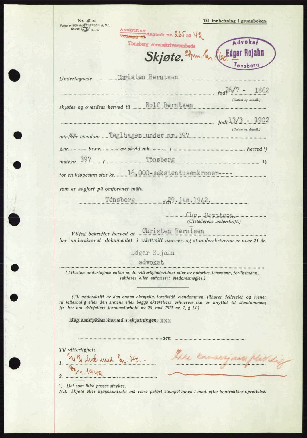 Tønsberg sorenskriveri, AV/SAKO-A-130/G/Ga/Gaa/L0011: Mortgage book no. A11, 1941-1942, Diary no: : 265/1942