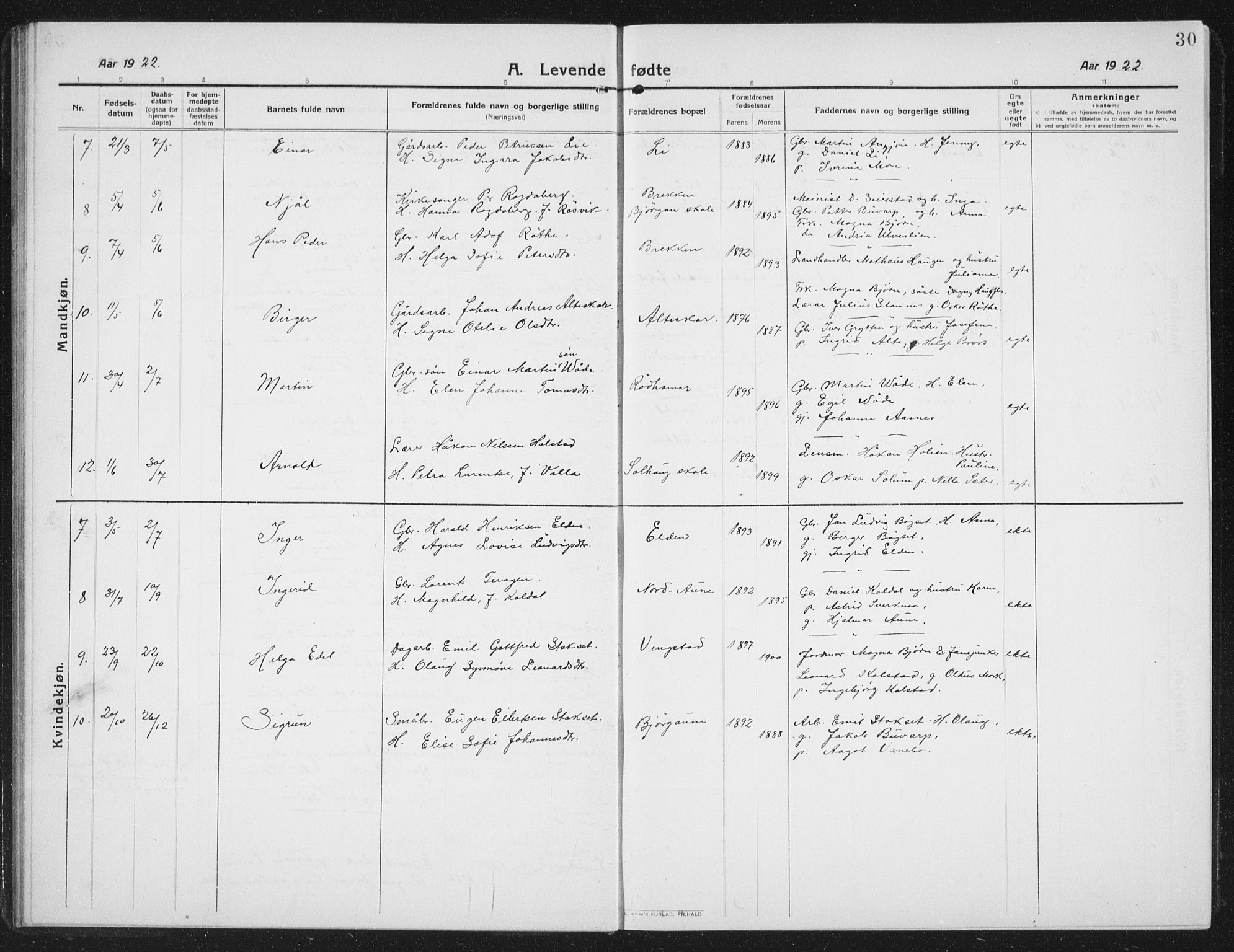 Ministerialprotokoller, klokkerbøker og fødselsregistre - Nord-Trøndelag, AV/SAT-A-1458/742/L0413: Parish register (copy) no. 742C04, 1911-1938, p. 30