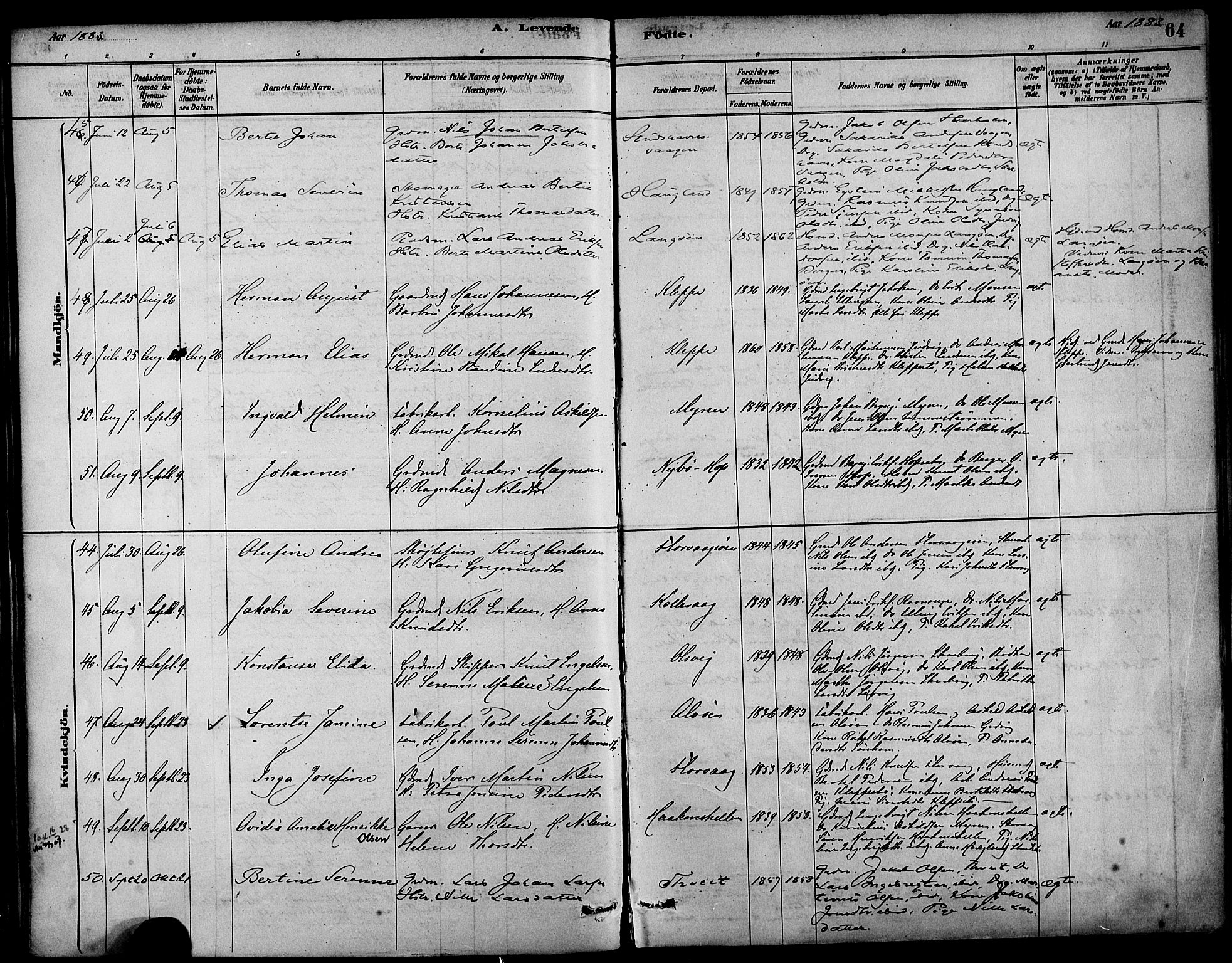 Askøy Sokneprestembete, AV/SAB-A-74101/H/Ha/Haa/Haab/L0001: Parish register (official) no. B 1, 1878-1889, p. 64