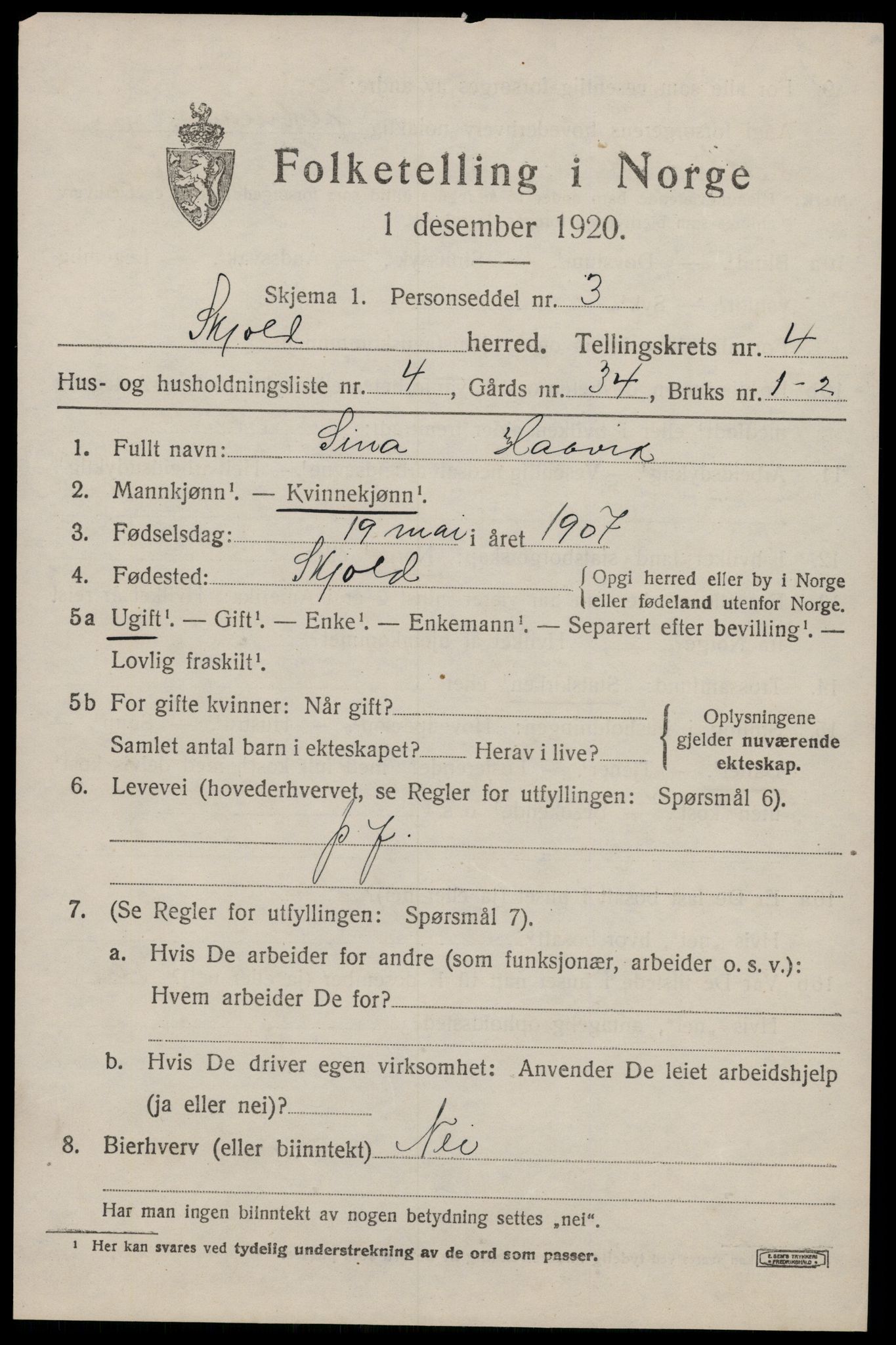 SAST, 1920 census for Skjold, 1920, p. 2374