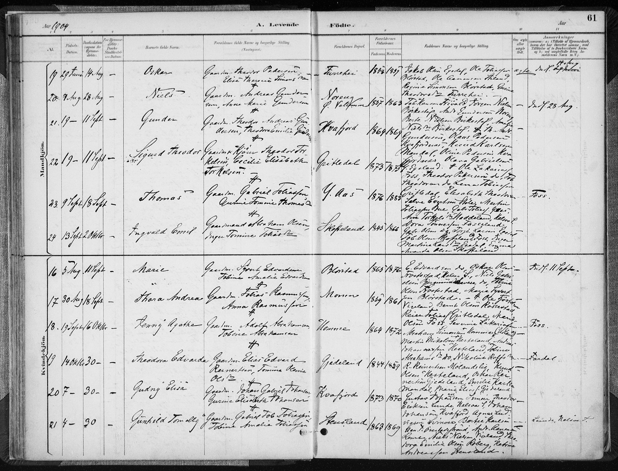 Sør-Audnedal sokneprestkontor, AV/SAK-1111-0039/F/Fa/Fab/L0010: Parish register (official) no. A 10, 1892-1913, p. 61