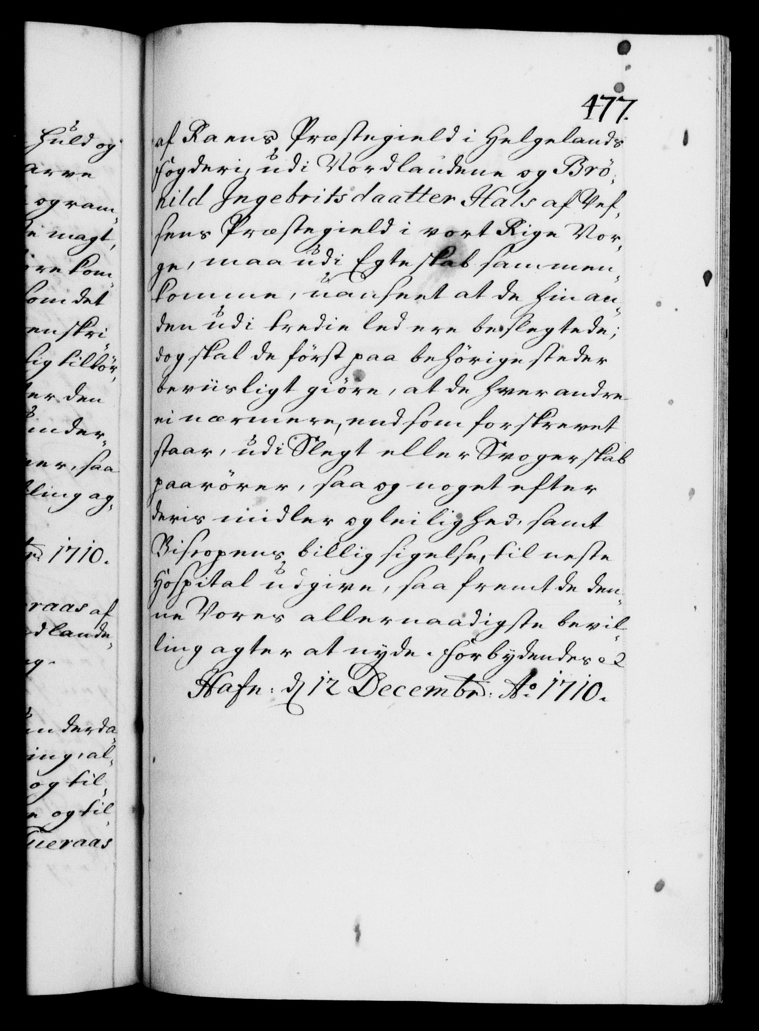 Danske Kanselli 1572-1799, RA/EA-3023/F/Fc/Fca/Fcaa/L0020: Norske registre, 1708-1711, p. 477a