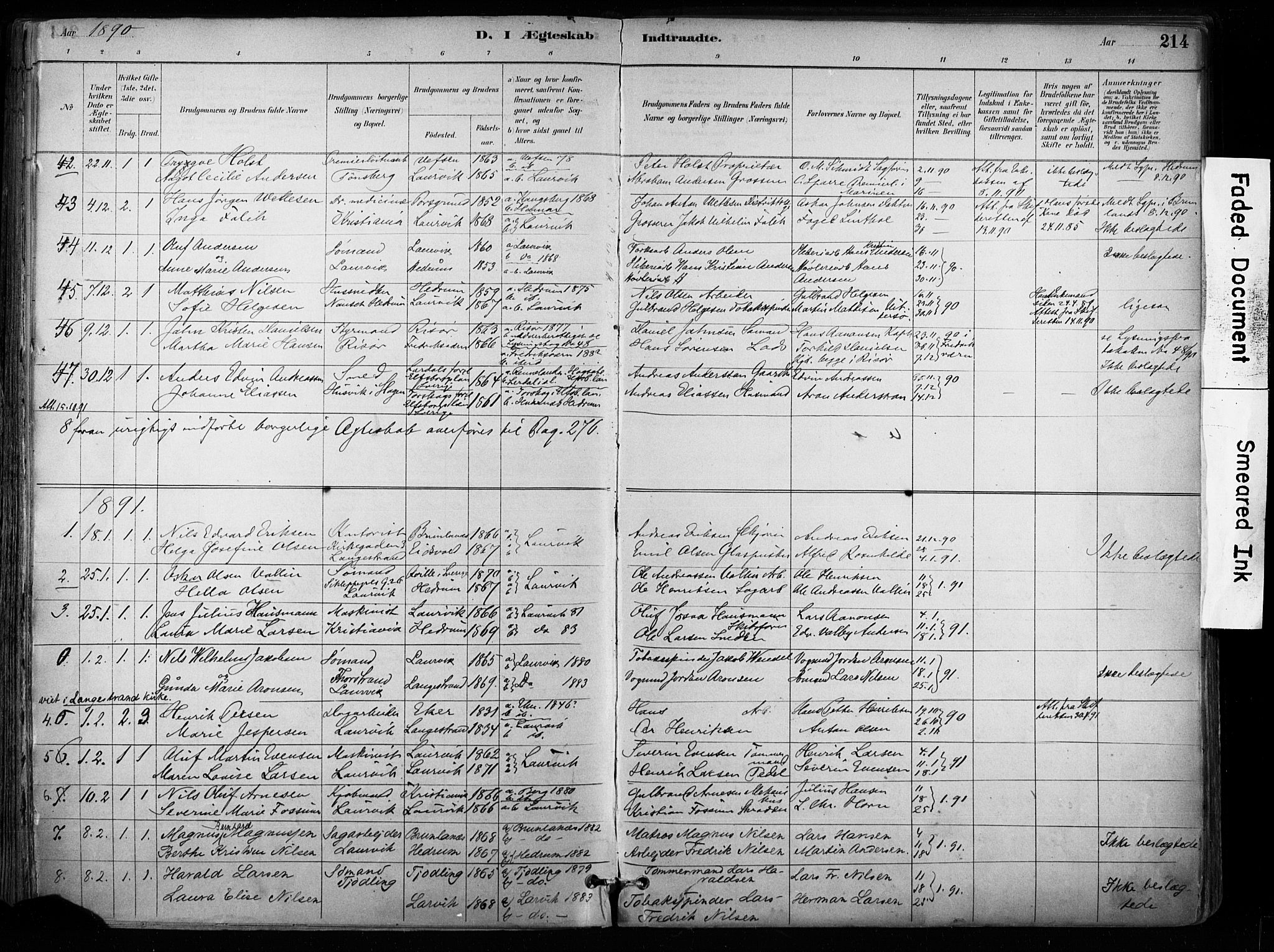 Larvik kirkebøker, SAKO/A-352/F/Fa/L0008: Parish register (official) no. I 8, 1884-1902, p. 214
