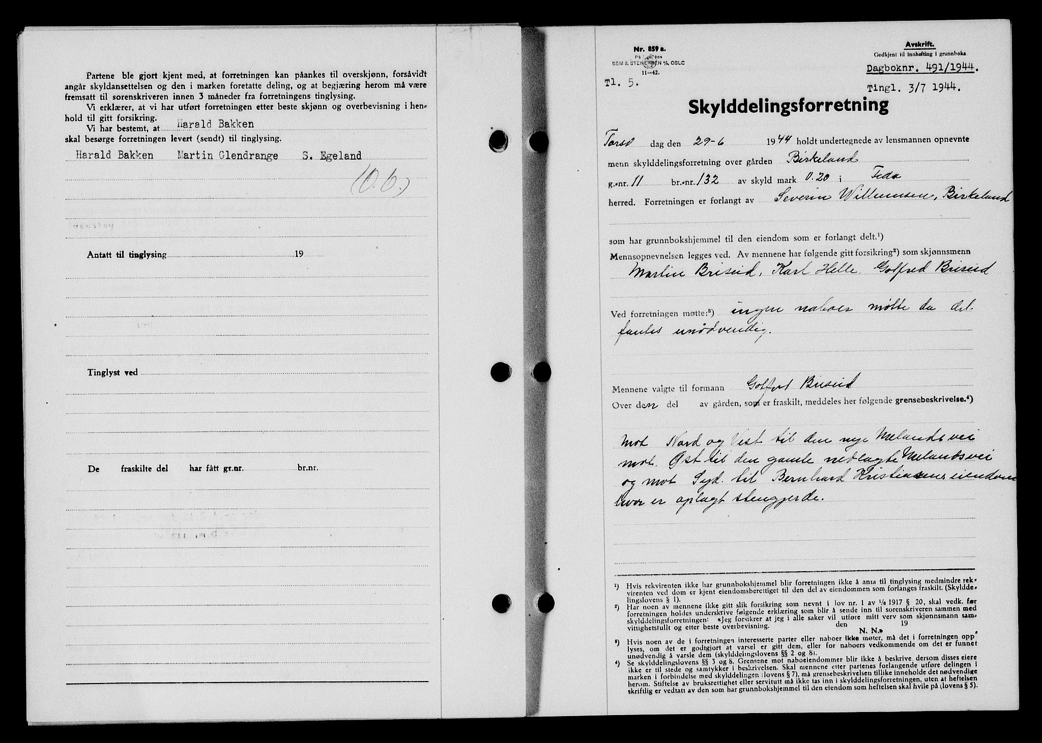 Flekkefjord sorenskriveri, SAK/1221-0001/G/Gb/Gba/L0059: Mortgage book no. A-7, 1944-1945, Diary no: : 491/1944