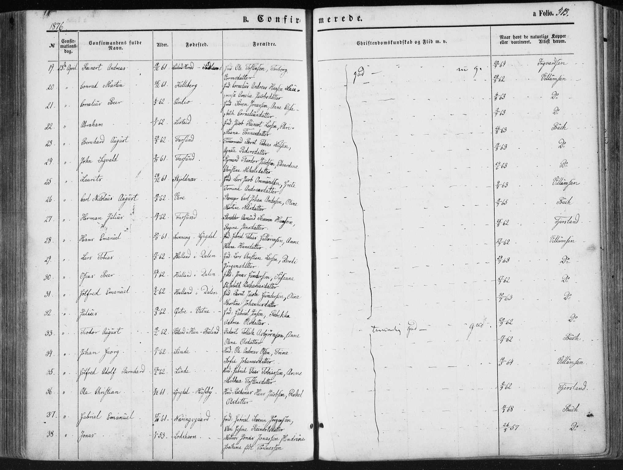 Lista sokneprestkontor, AV/SAK-1111-0027/F/Fa/L0011: Parish register (official) no. A 11, 1861-1878, p. 313