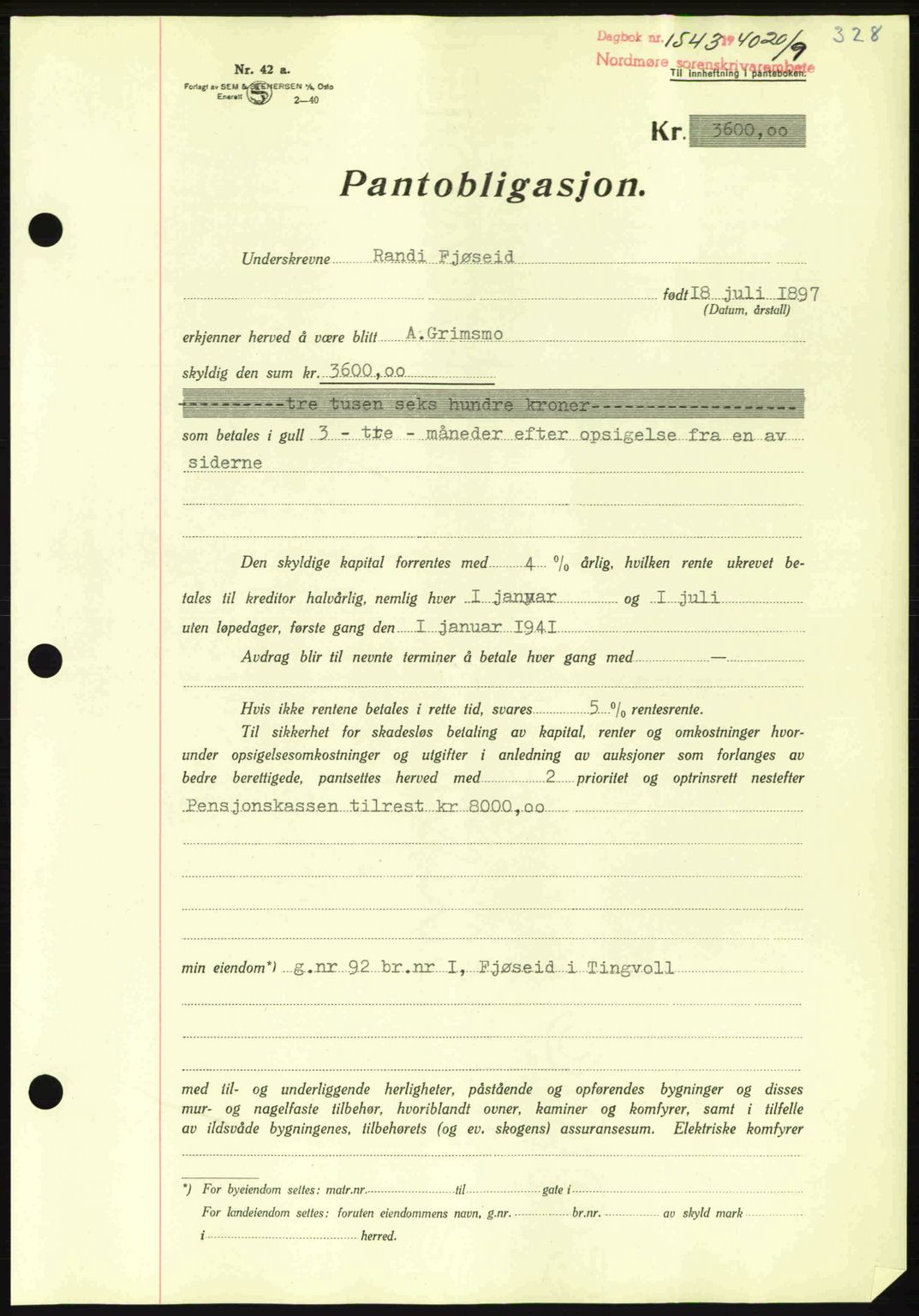 Nordmøre sorenskriveri, AV/SAT-A-4132/1/2/2Ca: Mortgage book no. B87, 1940-1941, Diary no: : 1543/1940