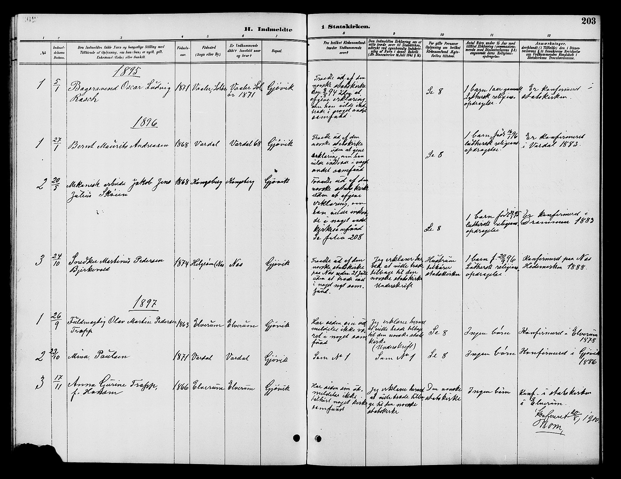 Vardal prestekontor, AV/SAH-PREST-100/H/Ha/Hab/L0009: Parish register (copy) no. 9, 1894-1902, p. 203