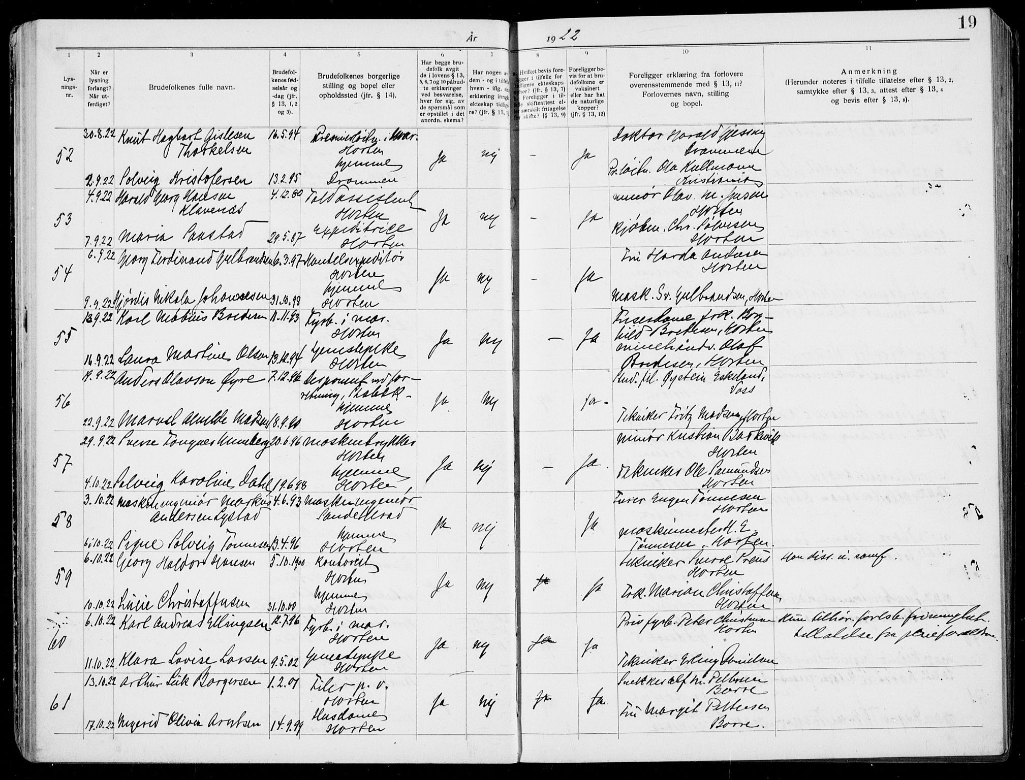 Horten kirkebøker, AV/SAKO-A-348/H/Ha/L0006: Banns register no. 6, 1920-1934, p. 19