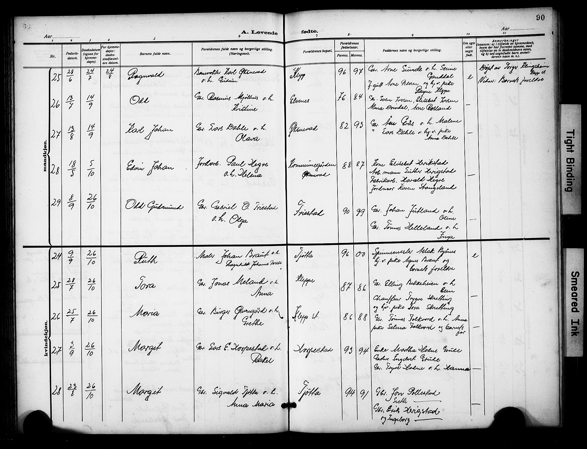 Klepp sokneprestkontor, AV/SAST-A-101803/001/3/30BB/L0007: Parish register (copy) no. B 7, 1908-1934, p. 90