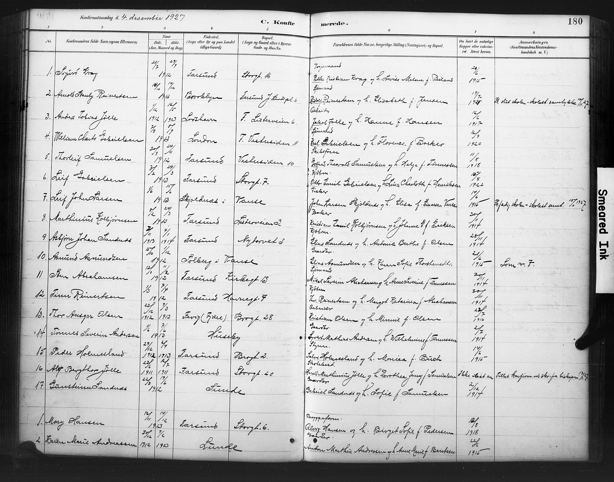 Farsund sokneprestkontor, AV/SAK-1111-0009/F/Fb/L0001: Parish register (copy) no. B 1, 1886-1931, p. 180