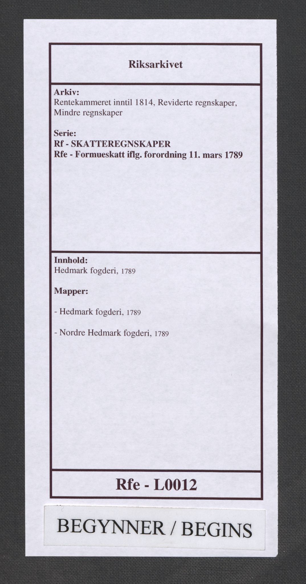 Rentekammeret inntil 1814, Reviderte regnskaper, Mindre regnskaper, AV/RA-EA-4068/Rf/Rfe/L0012: Hedmark fogderi, 1789, p. 1