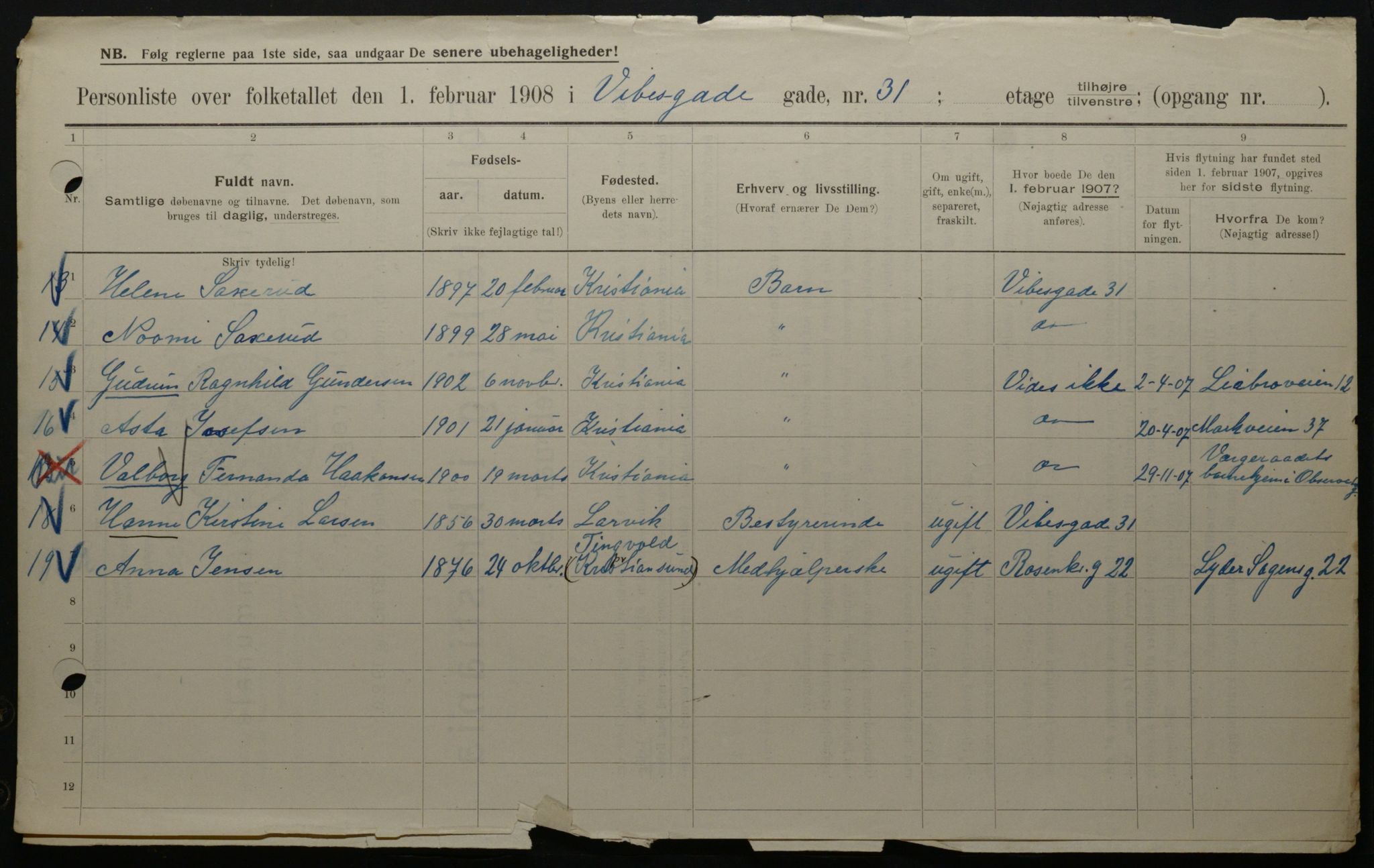 OBA, Municipal Census 1908 for Kristiania, 1908, p. 110815