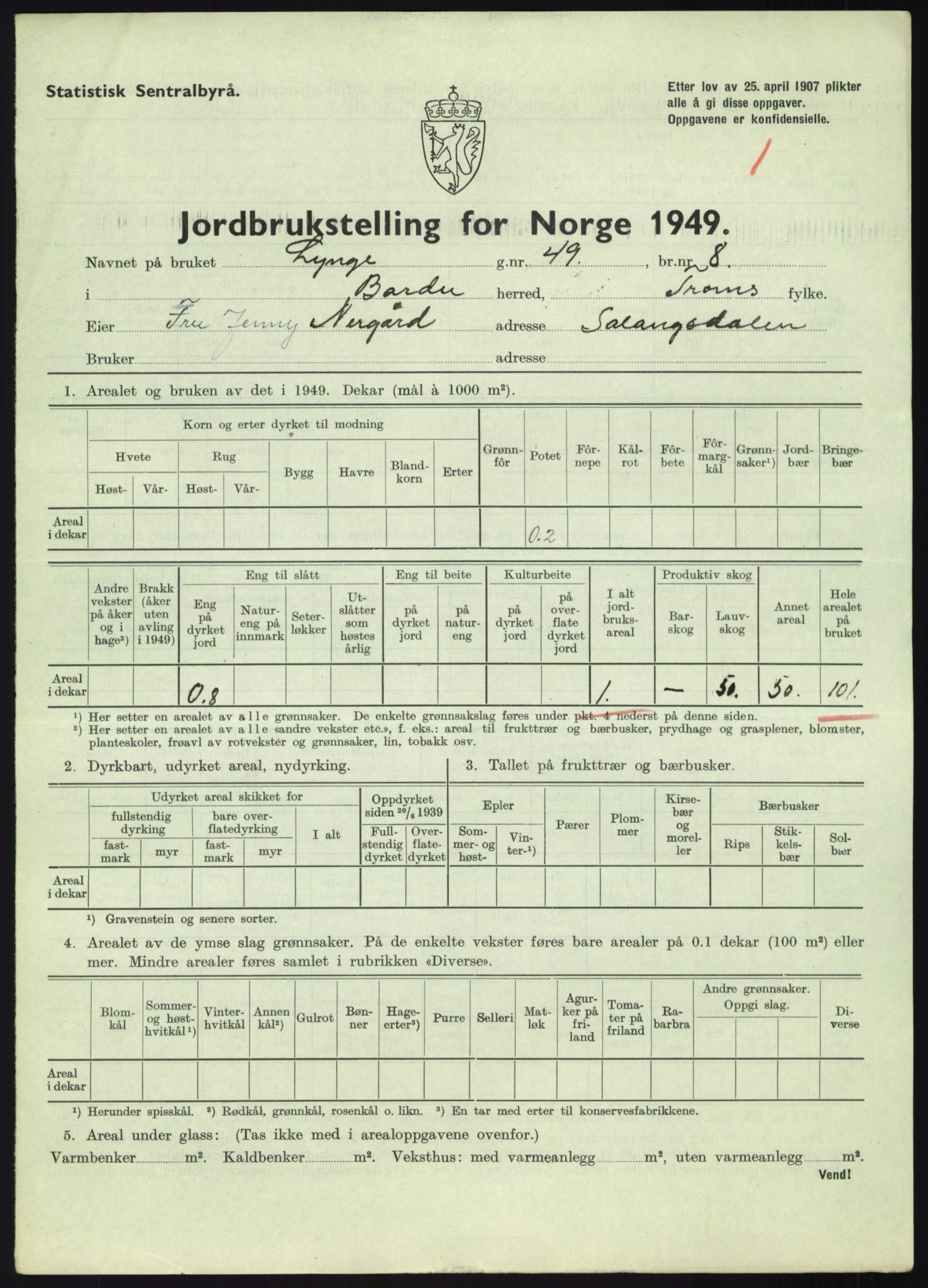 Statistisk sentralbyrå, Næringsøkonomiske emner, Jordbruk, skogbruk, jakt, fiske og fangst, AV/RA-S-2234/G/Gc/L0438: Troms: Salangen og Bardu, 1949, p. 930
