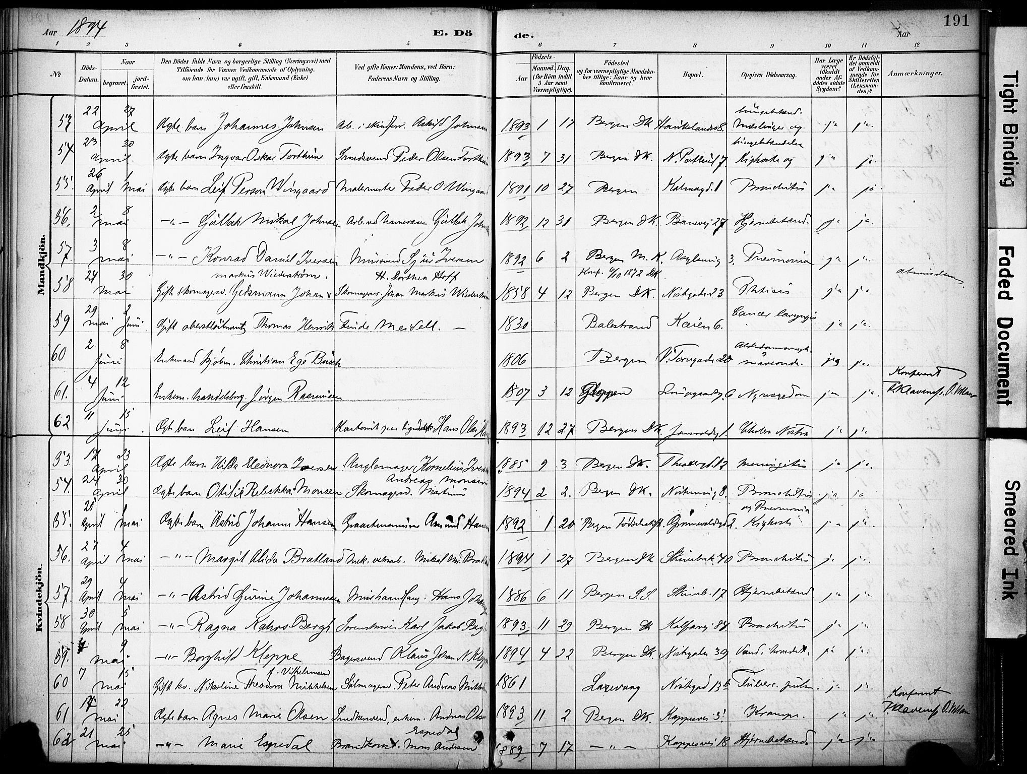 Domkirken sokneprestembete, AV/SAB-A-74801/H/Haa/L0043: Parish register (official) no. E 5, 1882-1904, p. 191