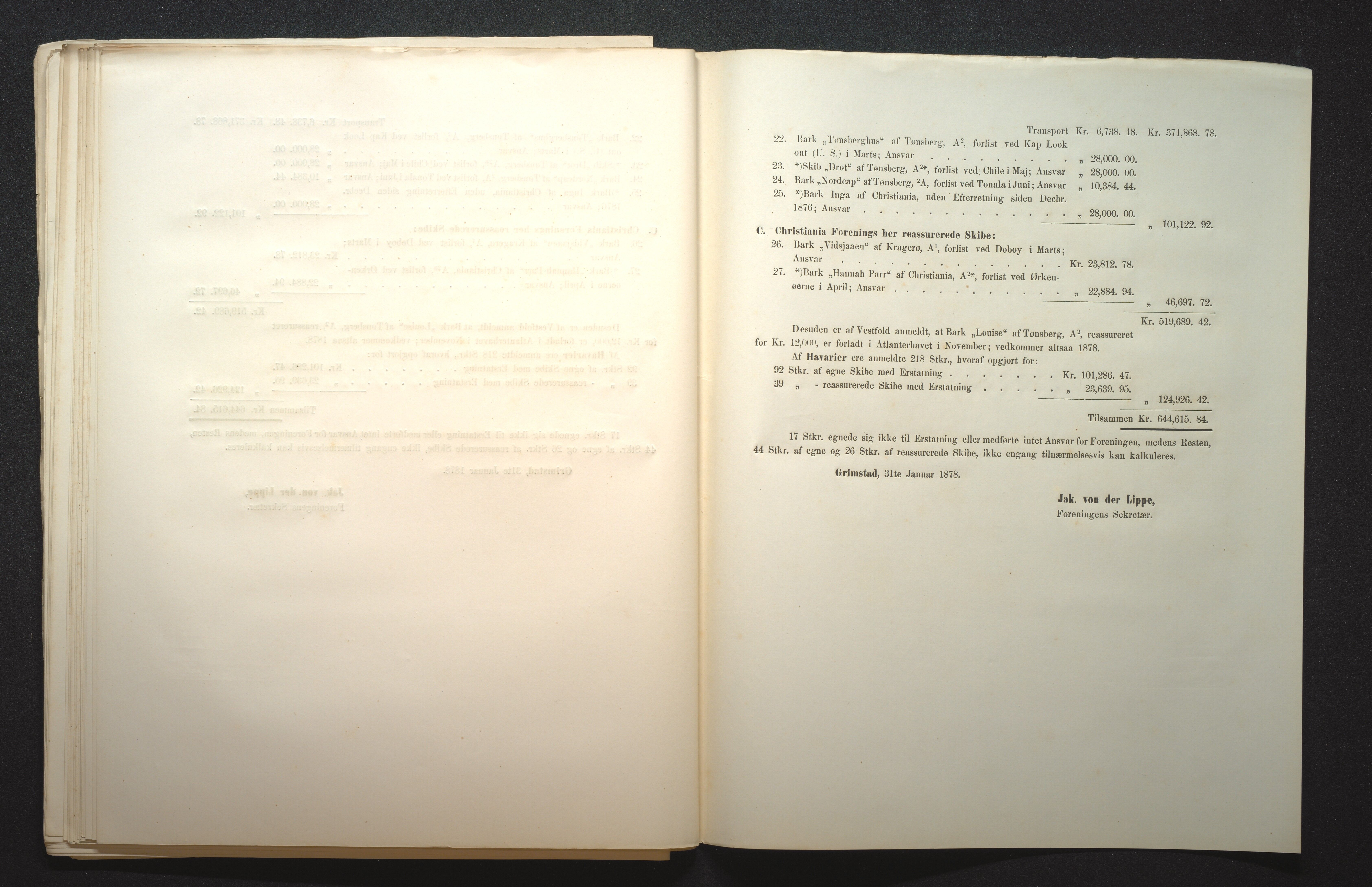 Agders Gjensidige Assuranceforening, AAKS/PA-1718/05/L0001: Regnskap, seilavdeling, pakkesak, 1855-1880