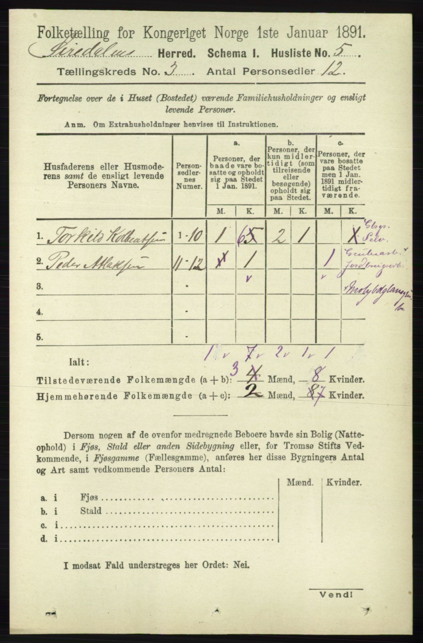 RA, 1891 census for 1046 Sirdal, 1891, p. 625