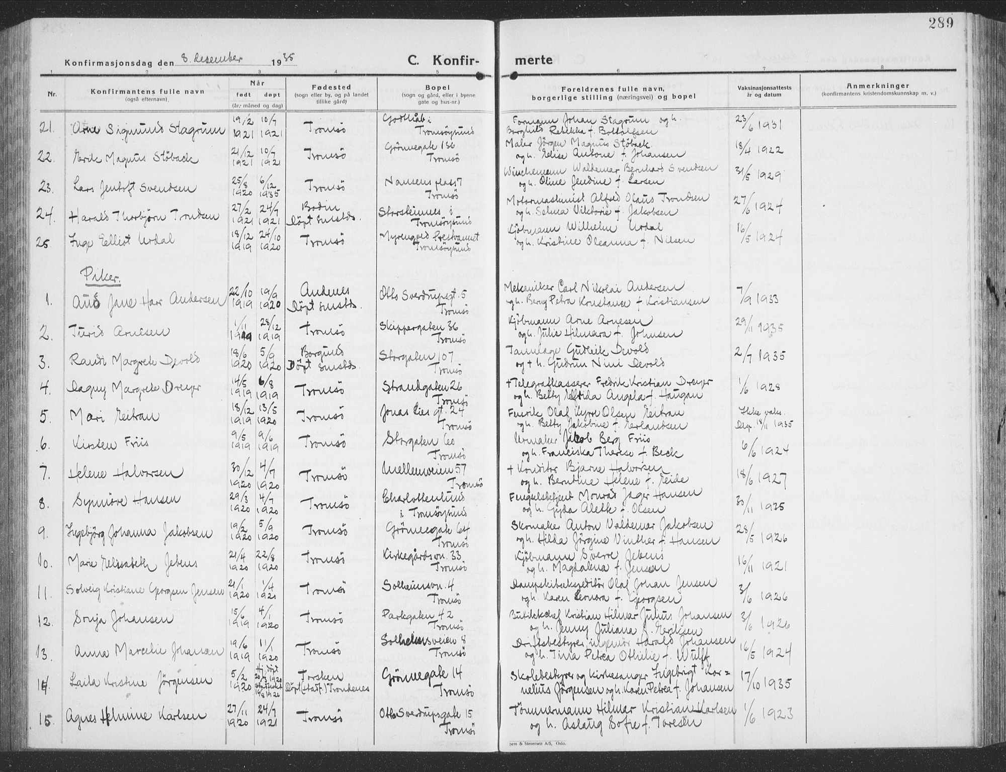 Tromsø sokneprestkontor/stiftsprosti/domprosti, SATØ/S-1343/G/Gb/L0010klokker: Parish register (copy) no. 10, 1925-1937, p. 289